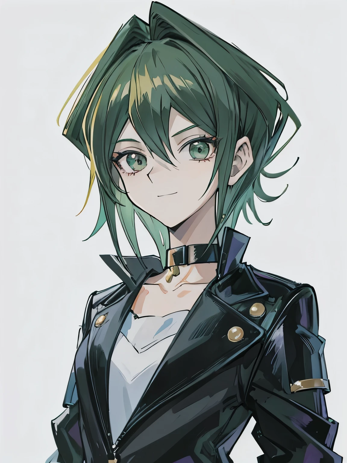 masterpiece, best quality, portrait, yugioh style,1girl, short dark green hair, choker, black jacket, malicious smile