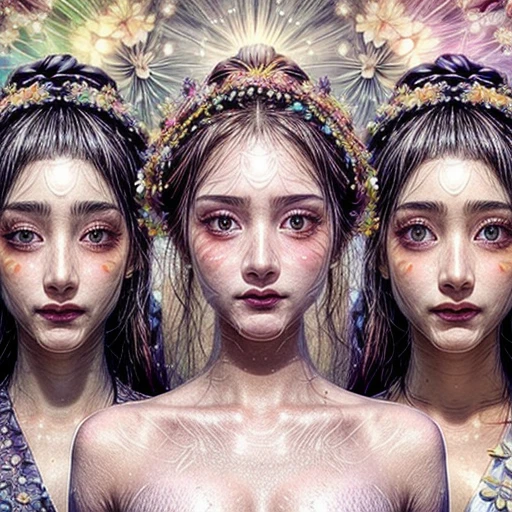 { SFW | NSFW | (((No clothes))) }, (Only faces and flowers in composition), (masterpiece, top_quality, Surrealism, concept art, beautiful and aesthetic), (Photorealsitic, HyperRealism:1.37), Close-up (3 girls), (((Extremely detailed NOGIZAKA face variations))), All Faces surrounded by flowers, Ultra-detailed,(colorful:1.1),(falling petals:1.2), (Dazzling Self-Luminous floral background:1.4), (Radiant PearlSkin, Elaborate detailed Eyes with sparkling highlights), (many colors:1.4), (Space Filled with all flowers), (Everything except faces covered with fresh flowers:1.2), (Flower outfits made from fresh flowers) (invisible body:1.5), (body:-1) .