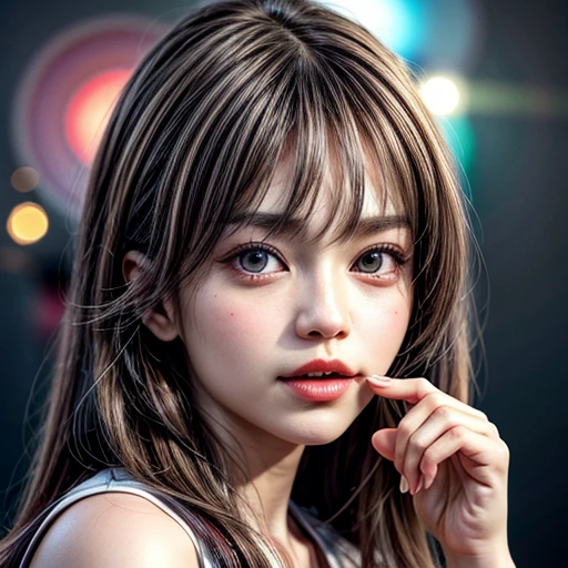 (highest quality,Super detailed,Physically Based Rendering:1.2), (RAW, Realistic, Photorealistic:1.37),Portraiture,Beautiful young woman with Delicate facial features,Soft lighting, ((Playfully licking finger with tongue, Gently placing a finger in the mouth)), (Close-up shot of sensual lips),Cheeks turn slightly red,A gentle and captivating gaze, cute BabyLike finger . Studio gray background, Light Particles, many blurred colorful Lights (dazzling bokeH) . BREAK . (((NOGIZAKA face variations))) Extremely Detailed very KAWAII face variations, elaborate detailed Eyes with (sparkling highlights:1.2), (Voluminous long eyelashes:0.9)、Glossy RED Lips with beautiful details, Coquettish tongue, Rosy cheeks, Radiant PearlSkin with clear transparency, (Natural:0.7) Detailed FlawlessSkin with glowing DowneyHair . { (Dynamic LifeLike expressions) | :d) }, (large eyes:-1) . mouth_hold