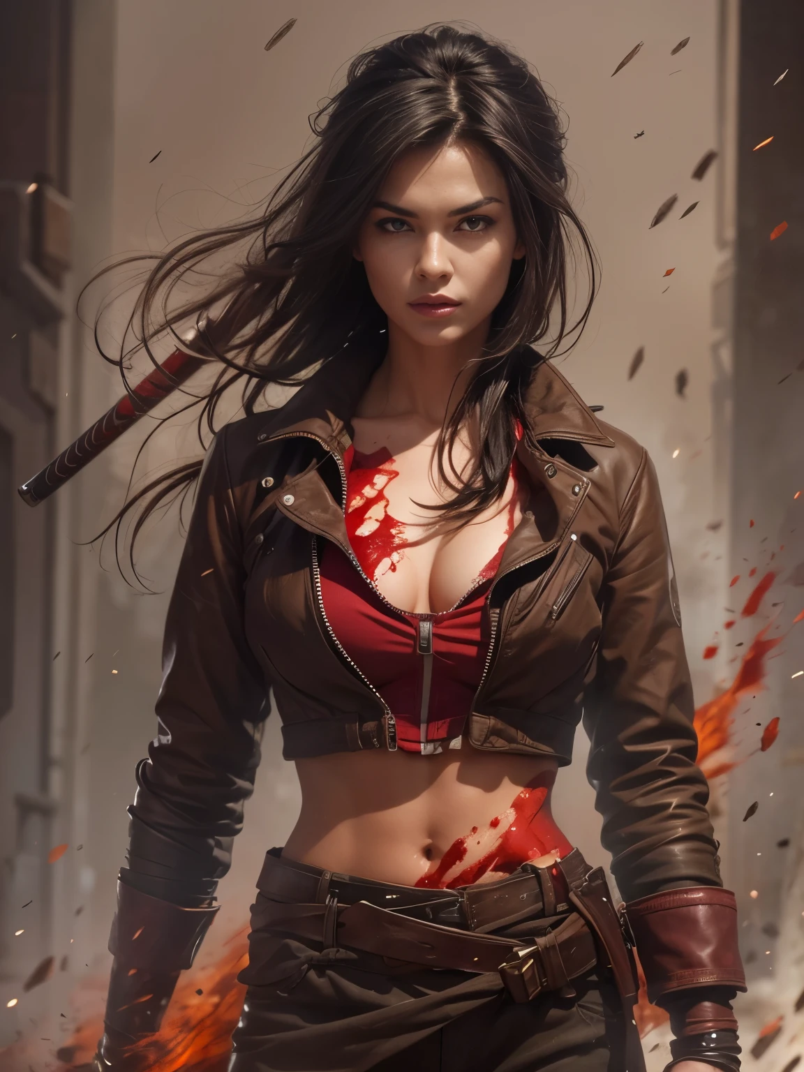 An ultra hot gorgeous European woman, age 23, she’s holding a katana. Body full of blood splash. She’s full of fury and anger.