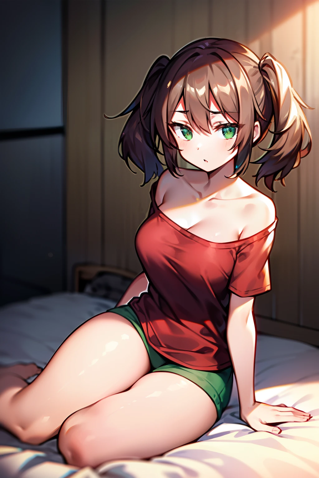woman, medium breasts, brown hair, short twintails, green eyes, casual outfit, bare legs, bottomless, oversized shirt, red shirt, wall, room, wood, sitting, cross legged