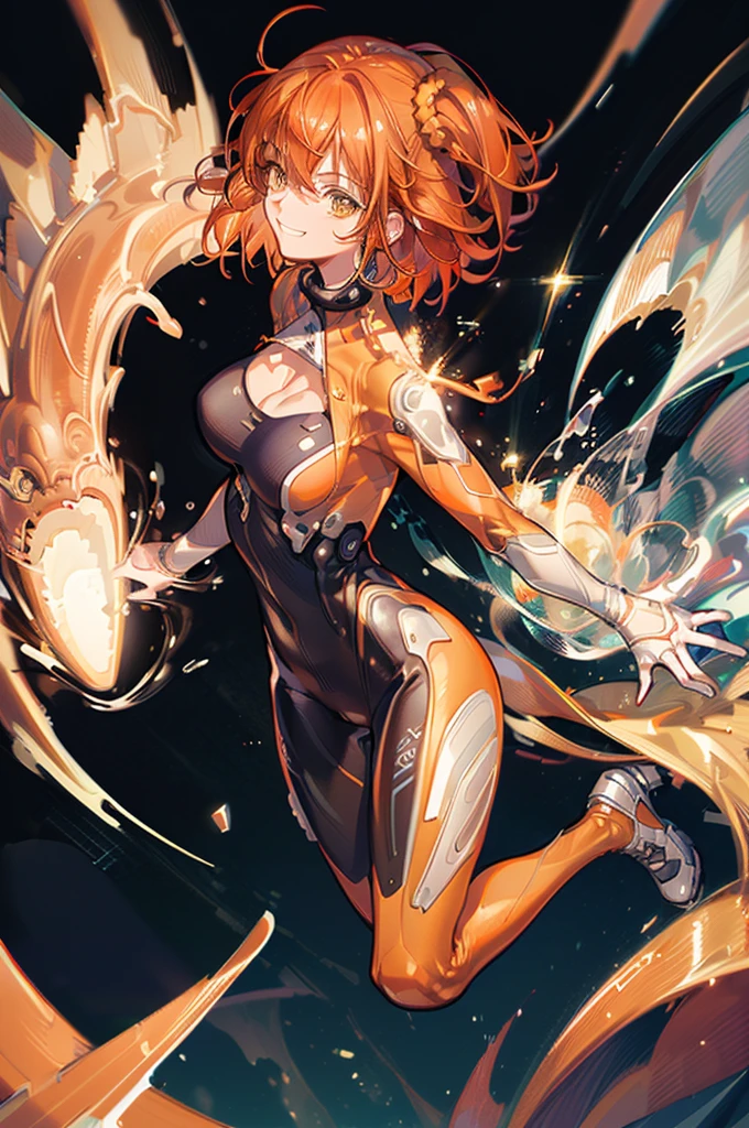 ((masterpiece)), (((best Quality))), ((ultra detailed)), ((illustration)), full resolution, hdr, 5k, ((full body)), (Masterpiece, Best quality:1.4), (Beautiful, Aesthetic, Perfect, Delicate, Intricate:1.2), (ultra resolution:1.2), (ultra detailed), 1 human woman, (((gudako))), a cool and thin adult woman, thin woman, wide hips, ((chubby thighs)), posing, majestic view, cool adult woman, ((21 years old)), solo woman, all alone, ((Hair gradient)), (((short straight hair))), (((orange hair))), (((brown eyes))), starry eyes, detailed eyes, ((long eyelashes)), side glance, pretty eyes, (((orange plug suit with pants))), shiny, sleeves,pants, (((full body plugsuit with legs))), reflective, twisting hips, legs closed, knees together, ((thigh gap)), (hand in fist), leaping, dodging, running, fighting, (intense combat pose), arm outstretched, ((cool expression)), ((smiling)), shiny teeth, Additional lighting, sunlight, daytime, ((city)), buildings, (dynamic), (ready to fight), (tough), high camera angle, camera looking down, ((from above)), (((cleavage_cutout)))