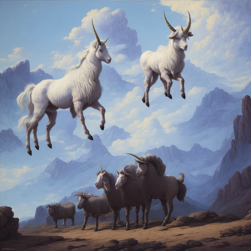 A painting of wayne barlowe about a furry goat unicorn