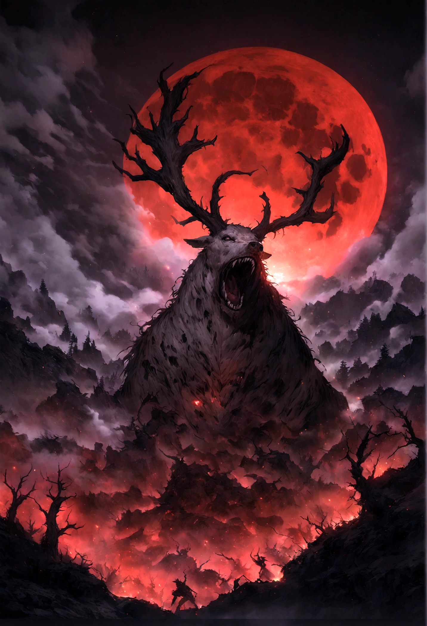 A Elk with a huge antler, dark forest,The apocalyptic wasteland, fierce battle scenes, Blood-red moon, A raging hell, Chaotic destruction, Post-apocalyptic survivors, Smoke and ash, Torn sky, Dark atmosphere, eerie silence, Decaying landscape, Desolation, despair, Dramatic lighting, epic scale, Intense emotions Biomechanical, eerie, Creepy, nightmarish, Very bright colors, Light particles, with light glowing, Mshiff, wallpaper art, UHD wallpaper