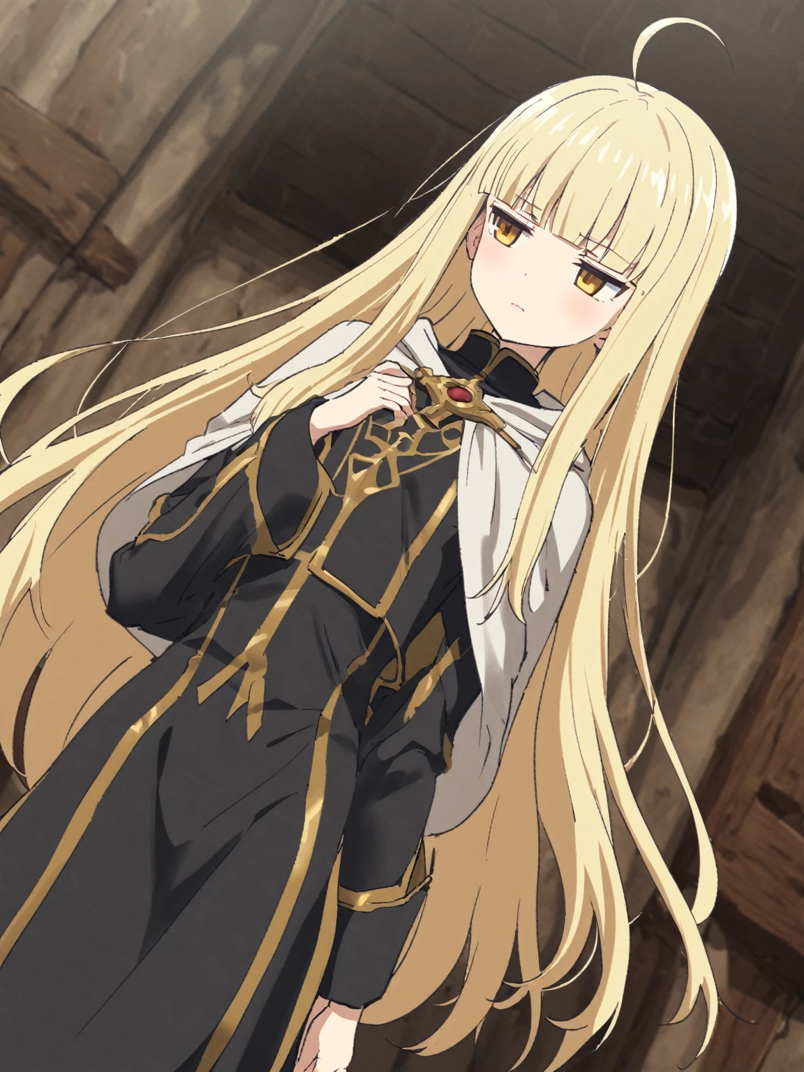 {{upper body, dutch angle}} {{Artist: sincos}} 1girl, jitome, light blond hair, very long hair, ahoge, blunt bangs, yellow eyes, expressionless , black robe, white cape, gold trim, priest, brown leather boots, long sleeves, black long skirt, small breasts, blunt ends, skinny, lips, pov, medieval fantasy.