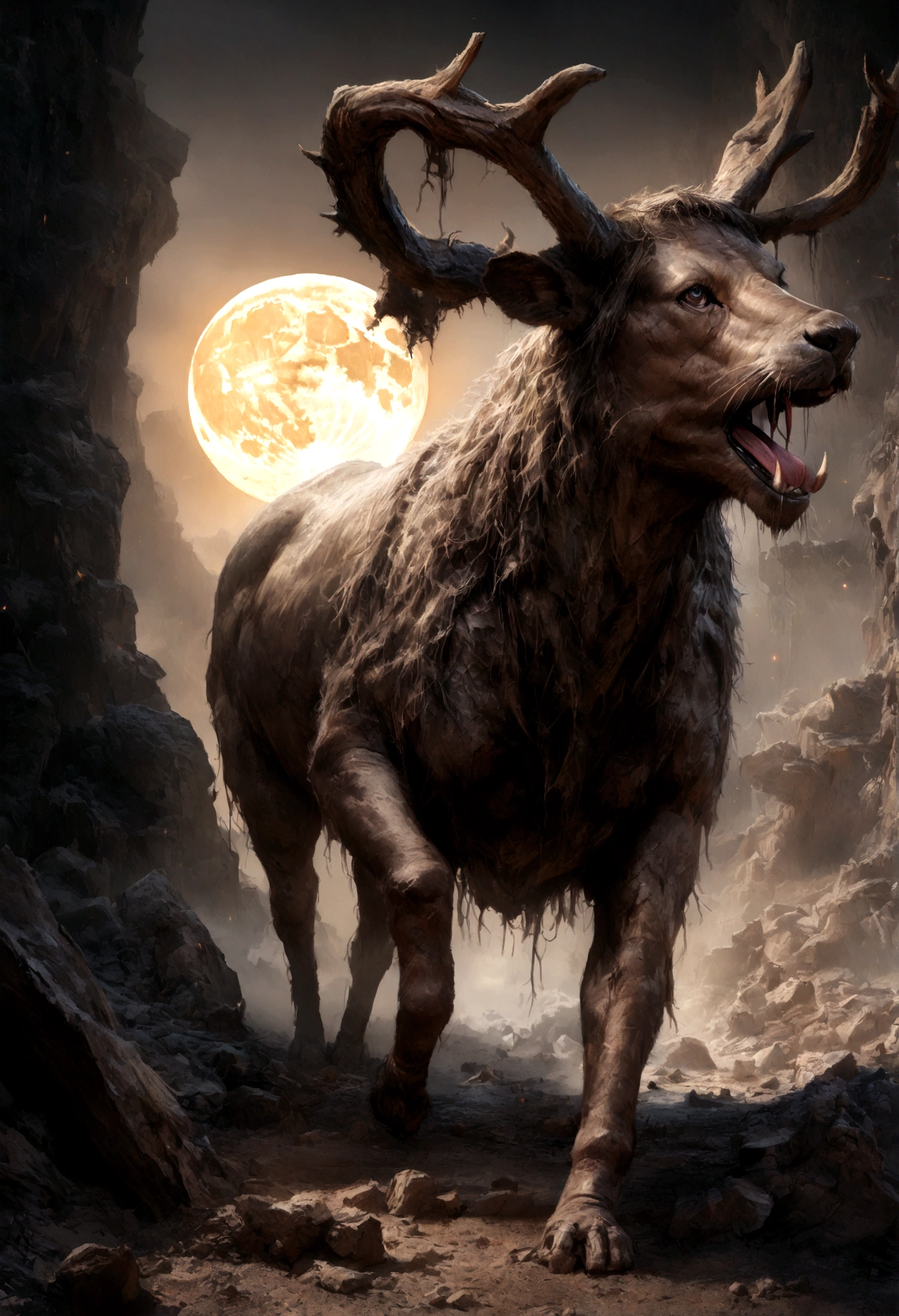 (Best quality,4K,8K,A high resolution,Masterpiece:1.2), Ultra-detailed, (Realistic,Photorealistic,photo-realistic:1.37),a Hunter hunting aElk with a huge antler, dark forest,The apocalyptic wasteland, fierce battle scenes, Blood-red moon, A raging hell, Chaotic destruction, Post-apocalyptic survivors, Smoke and ash, Torn sky, Dark atmosphere, eerie silence, Decaying landscape, Desolation, despair, Dramatic lighting, epic scale, Intense emotions Biomechanical, eerie, Creepy, nightmarish, Very bright colors, Light particles, with light glowing, Mshiff, wallpaper art, UHD wallpaper