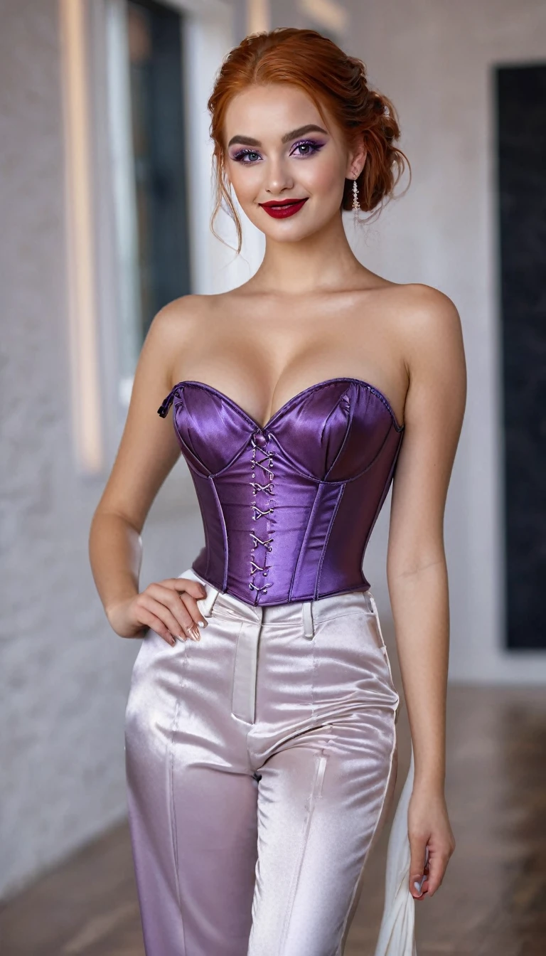 hyperrealistic beautiful busty 19-year-old woman with long legs wearing shiny copper-purple corset and white wide-leg pants, model shooting full body photography, ginger very long straight updo hair, soaky wet skin, dark eye makeup with eyeliner, seductive smile, red lips, 8K, Best quality, Meisterwerk, ultra high resolution, (Realismus: 1.4), Originalfoto, (realistische Hautstruktur: 1.3), (Filmkorn: 1.3), (Selfie-Winkel), 1 girl, Beautiful round hazel eyes and facial details, Meisterwerk, Best quality, indoor photography, nsfw