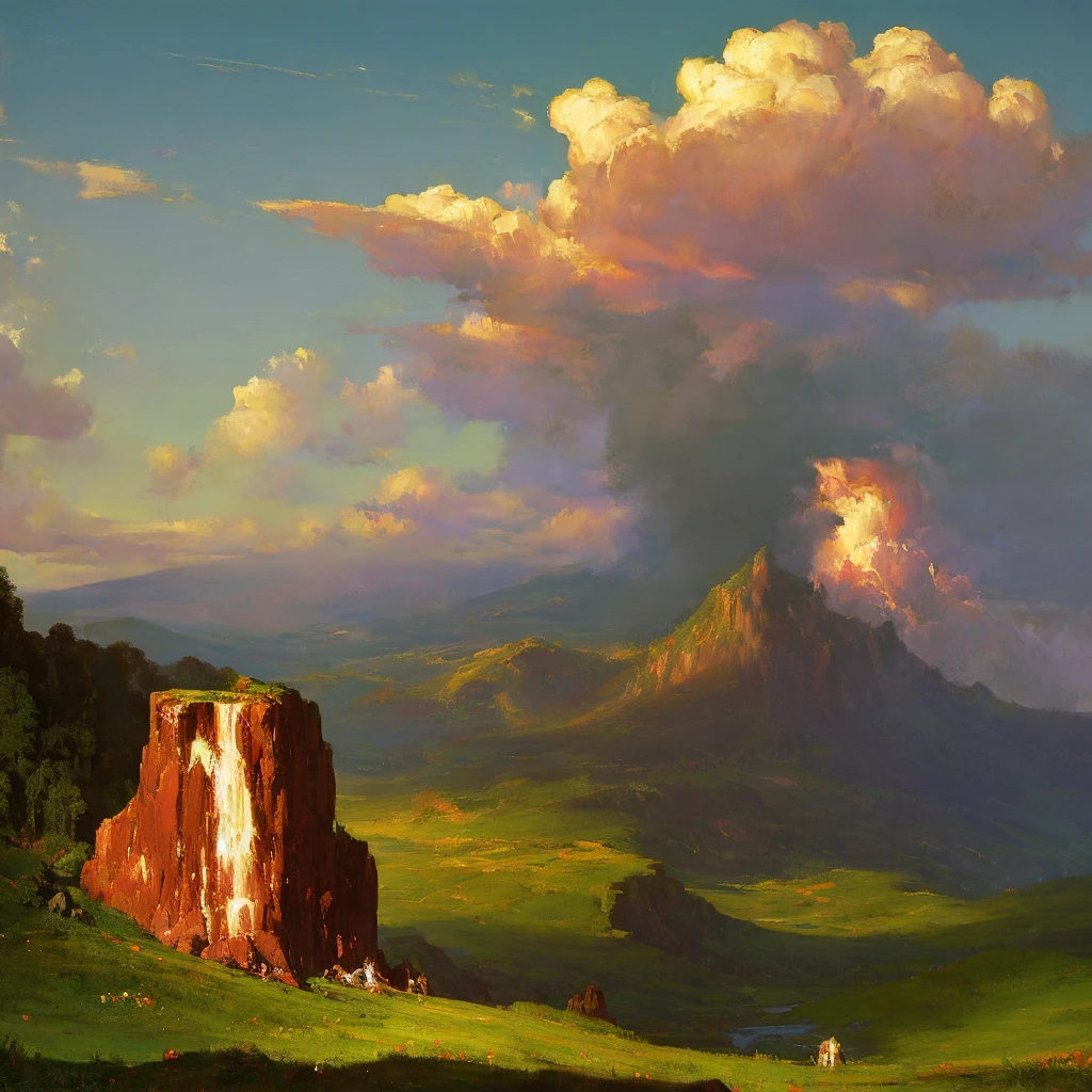 Thomas Cole painting. A masterpiece landscape illustration by Thomas Cole. vast, colorful, peaceful, sense of scale, detailed