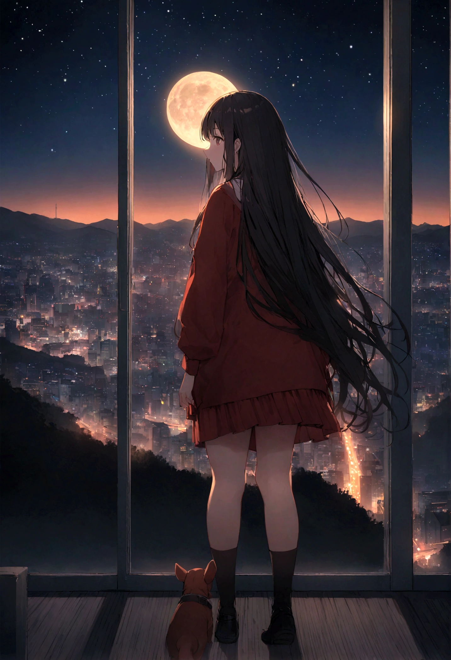 Dog 1、Woman 1、Red miniature dachshund、Red miniature dachshund long hair、dog&#39;color is red、woman with very long black hair、Spectacular views、Night Scene、The view from the top of the hill、Full moon night sky、swirling starry sky、８K、Best Quality、詳しいdogの顔、The woman is facing the opposite direction、Ria、I can't see a woman's face、The whole body is in the photo、Like the night view of Tokyo、The woman is wearing a miniskirt and her underwear is visible.