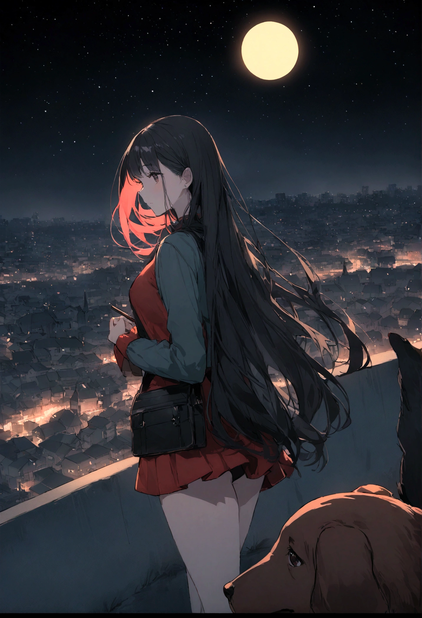 Dog 1、Woman 1、Red miniature dachshund、Red miniature dachshund long hair、dog&#39;color is red、woman with very long black hair、Spectacular views、Night Scene、The view from the top of the hill、Full moon night sky、swirling starry sky、８K、Best Quality、詳しいdogの顔、The woman is facing the opposite direction、Ria、I can't see a woman's face、The whole body is in the photo、Like the night view of Tokyo、The woman is wearing a miniskirt and her underwear is visible.