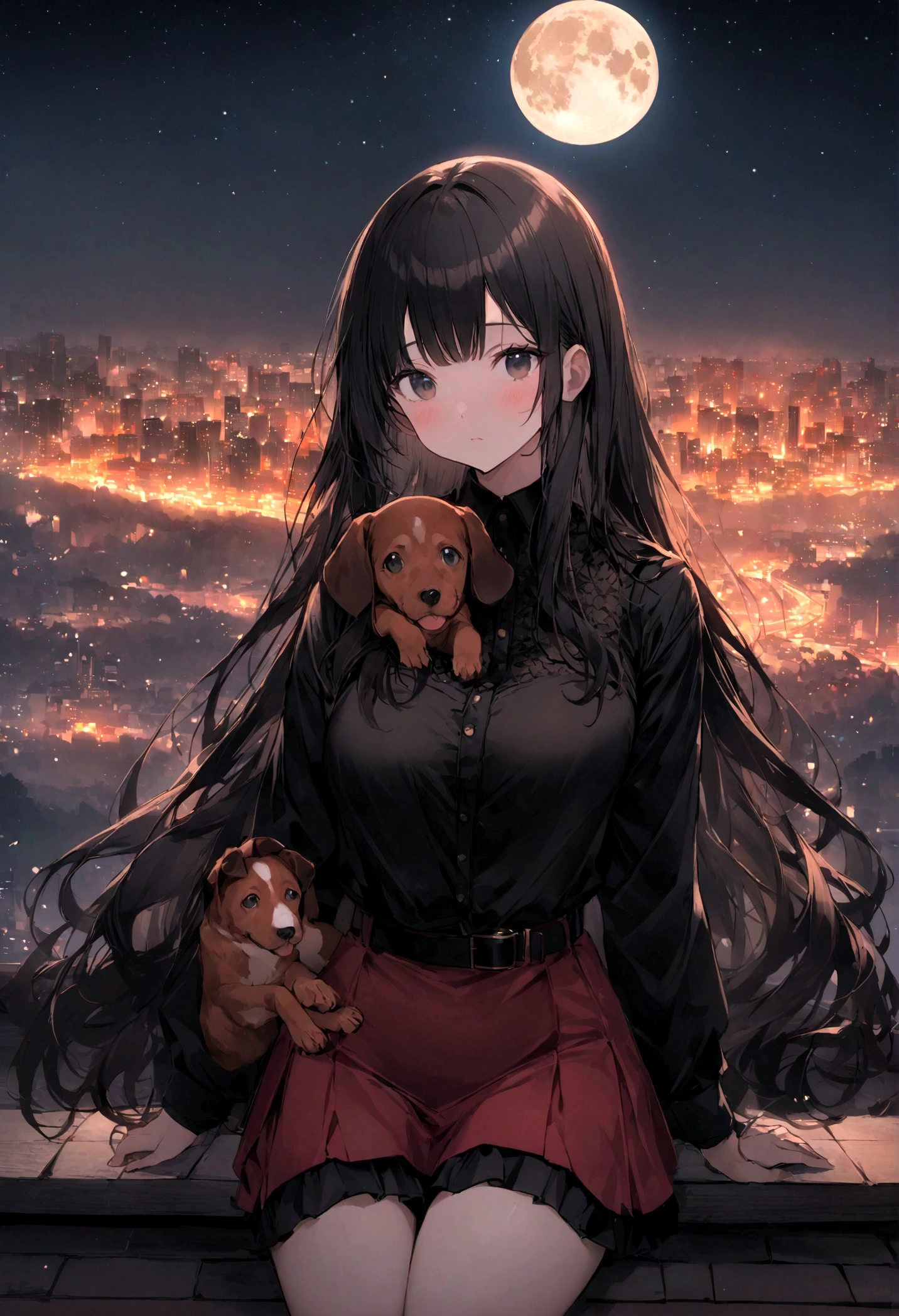 Dog 1、Woman 1、Red miniature dachshund、Red miniature dachshund long hair、dog&#39;color is red、woman with very long black hair、Spectacular views、Night Scene、The view from the top of the hill、Full moon night sky、swirling starry sky、８K、Best Quality、詳しいdogの顔、The woman is facing the opposite direction、Ria、I can't see a woman's face、The whole body is in the photo、Like the night view of Tokyo、The woman is wearing a miniskirt and her underwear is visible.