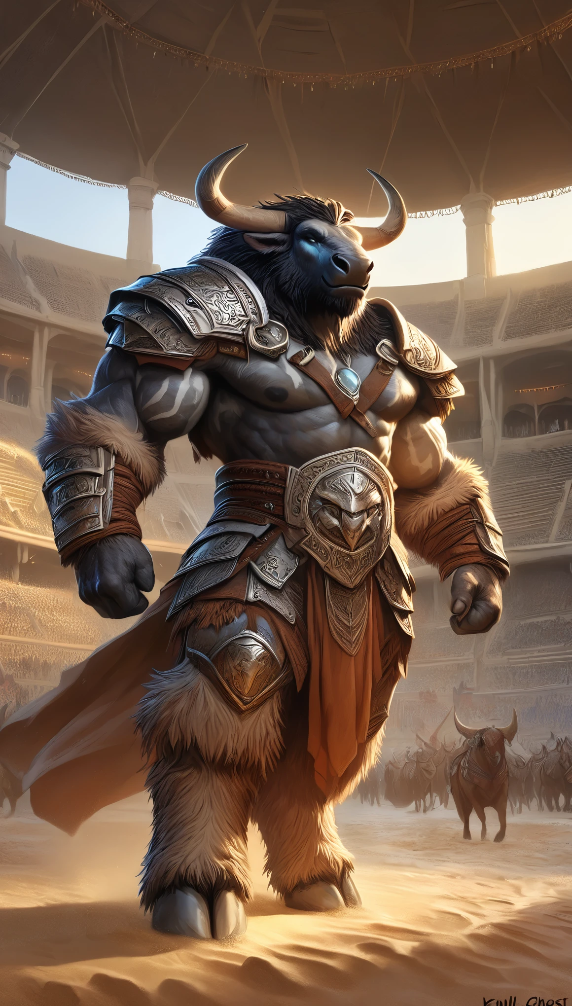 Minotaur, solo, gladiator_outfit, armor, shoulder armor, visible armor, coliseum_background, muscular, manly, hyper_muscles, flexing_muscles, perfect_eyes, perfect_face, perfect_body, perfect_hands, being_adorated by the spectators, happy, proud, holind axe, halfbody, colliseum_arena, inside_colliseum, sand_floor, arena battle,production cinematic rendering, 8K, HDR, RGB, Ultra-HD, global lighting with ray tracing, realism, realist, gray lights, realistic_desert_ambience, visible_pecs, by_nullghost, by_kenket, only_armor_on his shoulders, monster_body, beastial_morph, huge, size_difference, battle_axe, detailed_battle_axe_on_his_hands, intimidating, muscular, bulge, battle_warrior, warrior, blood_on floor, blood_on_body
