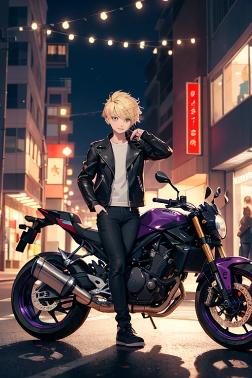 ((mejor calidad)), ((obra maestra)), (detallado),
Chibi of a boy with blonde hair and purple eyes. He wears a leather jacket and pants. In the background there is a motorcycle and it is on a city street at night, pintado con la bandera bisexual