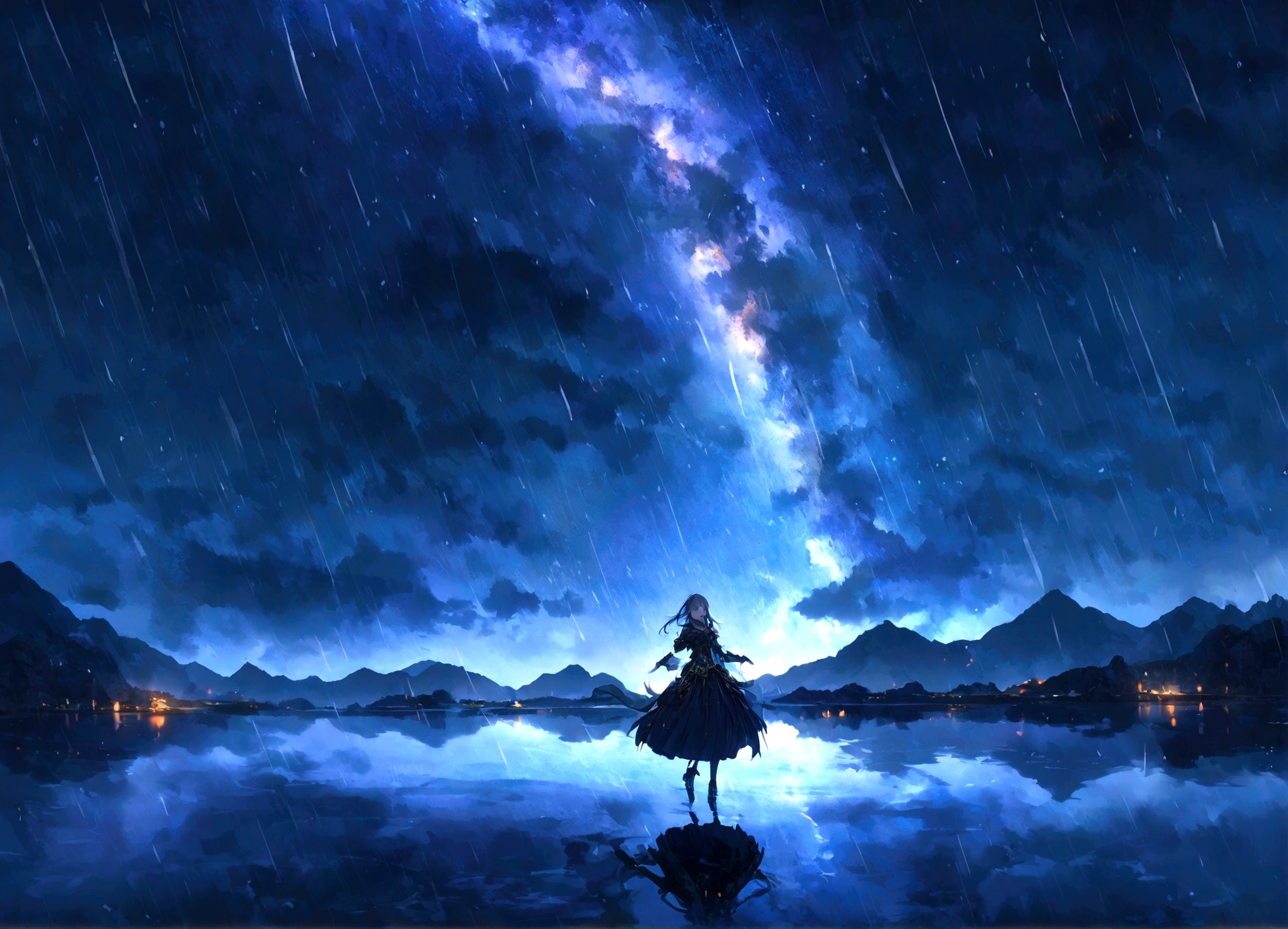 water, Ocean, Dark Sky, rain, Mountain々, performer, Starfall, milky way