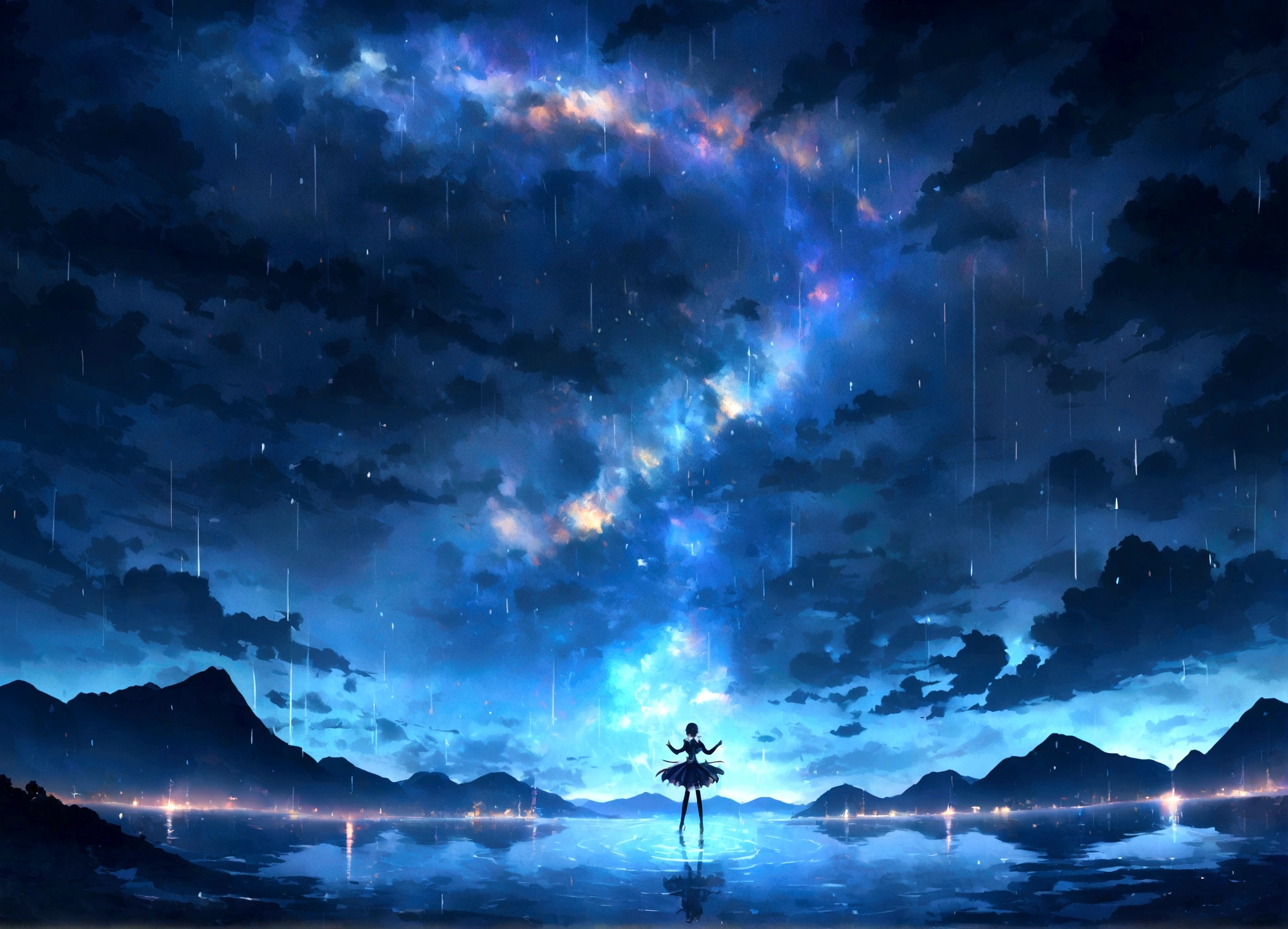 water, Ocean, Dark Sky, rain, Mountain々, performer, Starfall, milky way