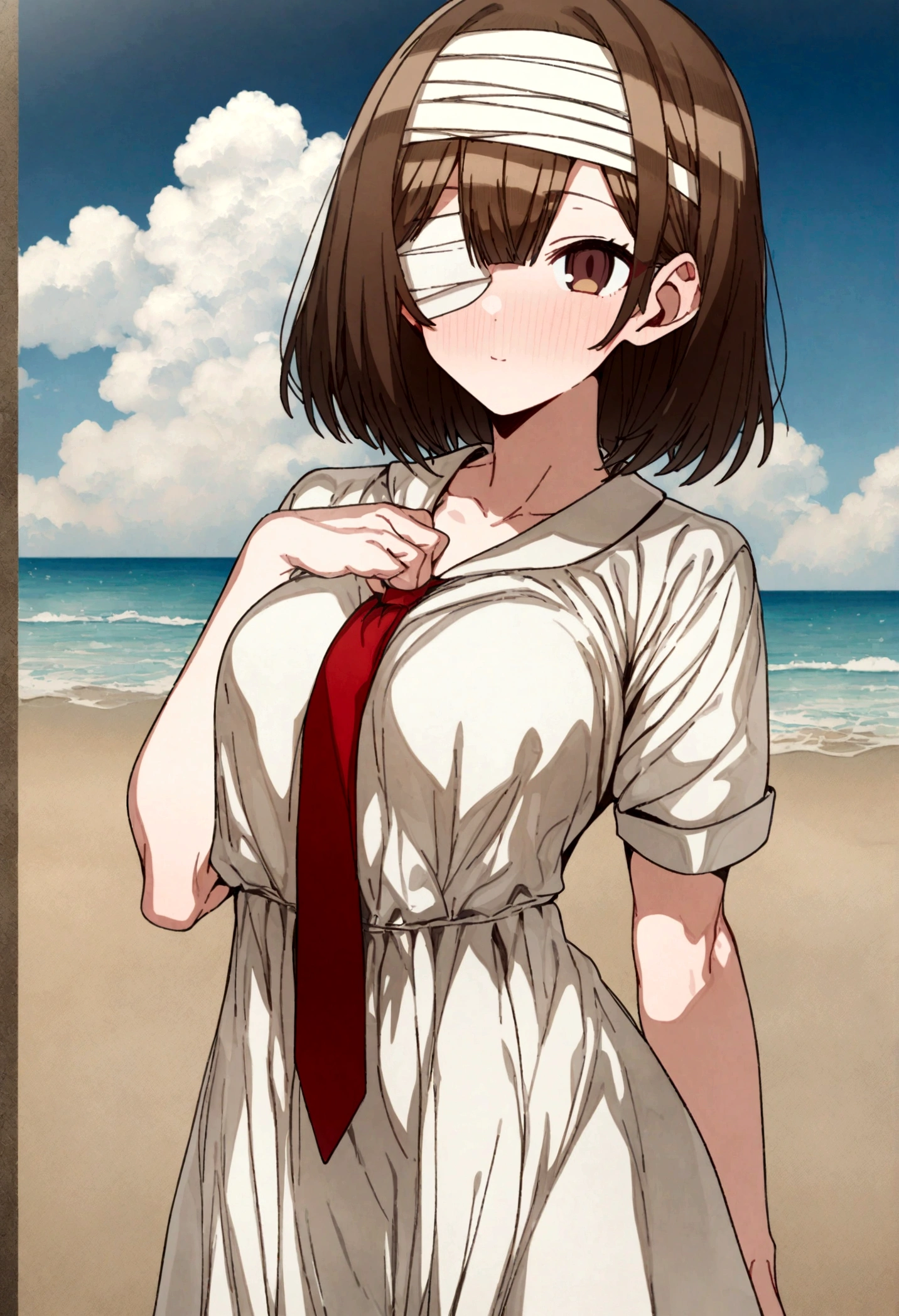 hoshino_(blue_archive) with brown hair and brown eyes, Artist, erere, Copyrights, idolmaster, idolmaster_shiny_colors, Character, General, 1girl, brown_hair, blunt_bangs, blush, medium_breasts, breasts, detailed eyelashes, beautiful girl:1, brown_eyes, censored, clouds, detailed background, white hostpital gown:2.1, hair_clip, bob, red tie, medium shot photography:1.1, standing in middle:1.1, sea, sky:1.5, round_eyes, detailed, outdoors, looking_at_viewer, masterpiece, best_quality, great_quality, girl, solo, center_composition, centered character, cute, (bandages_over_one_eye, bandaged_head), standing on the beach in the air
