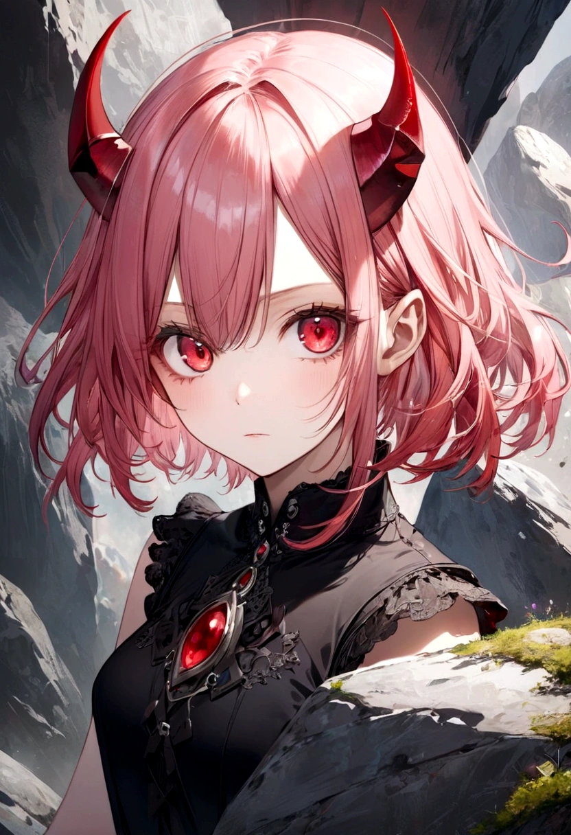 Female, Rock Element, Pink Hair, Red Eyes, Devil Horns