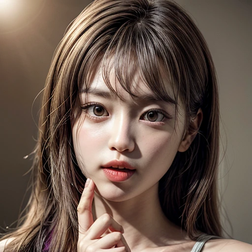 (highest quality,Super detailed,Physically Based Rendering:1.2), (RAW, Realistic, Photorealistic:1.37),Portraiture,Beautiful young woman with Delicate facial features,Soft lighting, ((Playfully licking finger with tongue, Gently placing a finger in the mouth)), (Close-up shot of sensual lips),Cheeks turn slightly red,A gentle and captivating gaze, cute BabyLike finger . Studio gray background, Light Particles, many blurred colorful Lights (dazzling bokeH) . BREAK . (((NOGIZAKA face variations))) Extremely Detailed very KAWAII face variations, elaborate detailed Eyes with (sparkling highlights:1.2), (Voluminous long eyelashes:0.9)、Glossy RED Lips with beautiful details, Coquettish tongue, Rosy cheeks, Radiant PearlSkin with clear transparency, (Natural:0.7) Detailed FlawlessSkin with glowing DowneyHair . { (Dynamic LifeLike expressions) | :d) }, (large eyes:-1) . mouth_hold