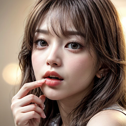 (highest quality,Super detailed,Physically Based Rendering:1.2), (RAW, Realistic, Photorealistic:1.37),Portraiture,Beautiful young woman with Delicate facial features,Soft lighting, ((Playfully licking finger with tongue, Gently placing a finger in the mouth)), (Close-up shot of sensual lips),Cheeks turn slightly red,A gentle and captivating gaze, cute BabyLike finger . Studio gray background, Light Particles, many blurred colorful Lights (dazzling bokeH) . BREAK . (((NOGIZAKA face variations))) Extremely Detailed very KAWAII face variations, elaborate detailed Eyes with (sparkling highlights:1.2), (Voluminous long eyelashes:0.9)、Glossy RED Lips with beautiful details, Coquettish tongue, Rosy cheeks, Radiant PearlSkin with clear transparency, (Natural:0.7) Detailed FlawlessSkin with glowing DowneyHair . { (Dynamic LifeLike expressions) | :d) }, (large eyes:-1) . mouth_hold