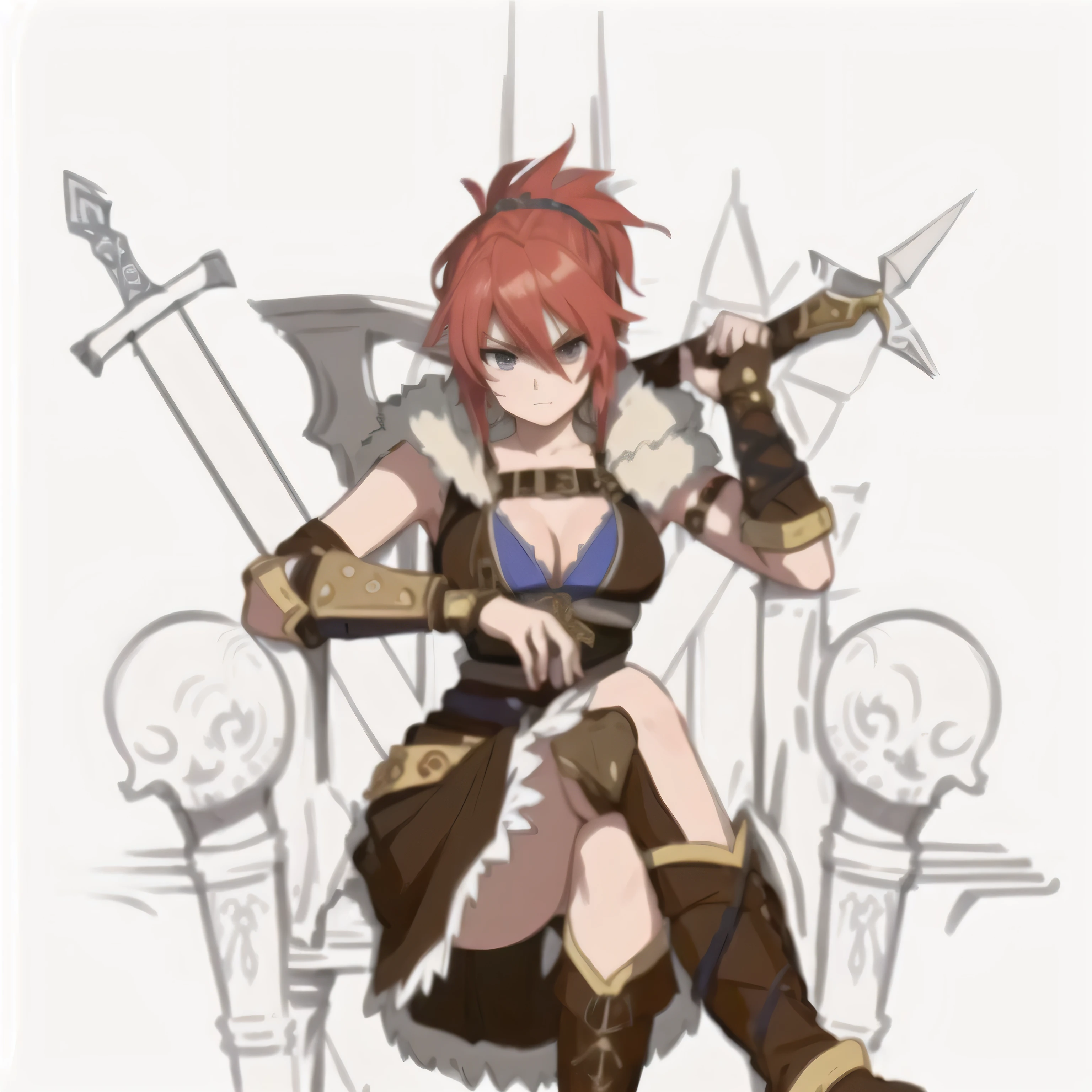 una mujer disfrazada de pirata sentada en un trono con espadas, female barbarian, fijar. dagger lord, barbarian class, retrato of a barbarian female, Estilo Chrono Trigger Guilty Gear, ella esta sosteniendo una espada, barbarian warrior woman, barbarian, Blancanieves como anuncio & d luchador, DND Fantastic Art, juego de rol_retrato, reina del guerrero