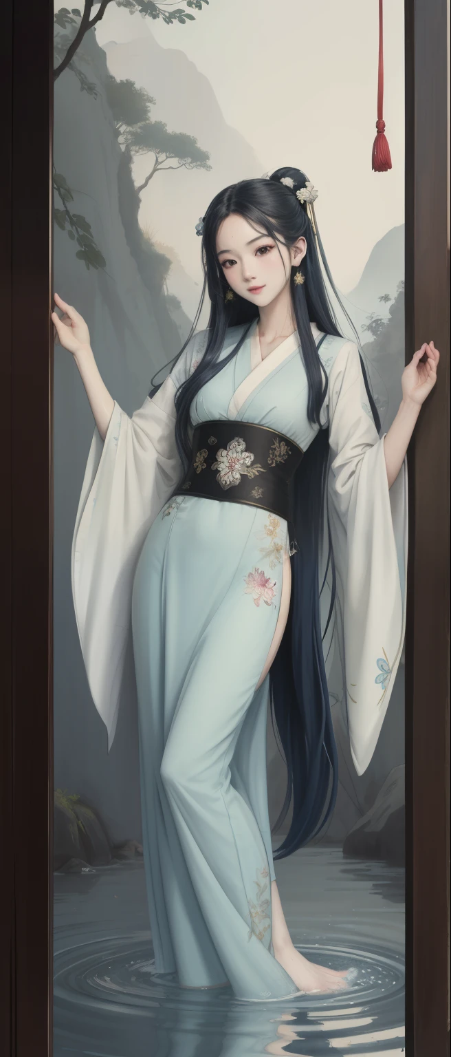 ((4k,masterpiece,best quality)), shuimobysim, traditional chinese ink painting, lotus,  hanfu, maxiskit, dress conservatively
1girl, solo, long blue hair, smile, standing, feet in the water, barefoot, beautiful and aesthetic, detail face, beautiful woman with beautiful face, Beautiful face, Detailed face
 