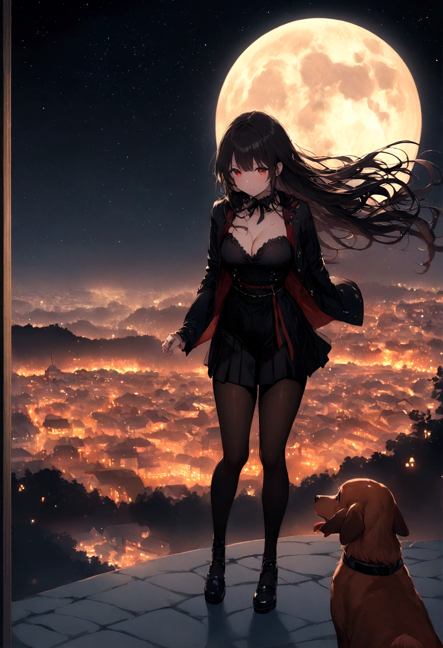 Dog 1、Woman 1、Red miniature dachshund、Red miniature dachshund long hair、dog'color is red、woman with very long black hair、Spectacular views、Night Scene、The view from the top of the hill、Full moon night sky、swirling starry sky、8K、Best Quality、詳しいdogの顔、The woman is facing the opposite direction、The whole body is in the photo、Like the night view of Tokyo、The woman is wearing a miniskirt and her underwear is visible.、The is visible、pantyhos