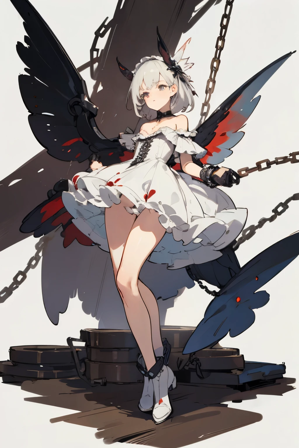 ((best quality)), ((masterpiece)), (detailed), 1girl, off-shoulder, blank white background, plain background, white background, red and white clothing, Bloodborne inspired, occult aesthetic, occult, detailed and intricate steampunk and detailed gothic, NSFW, Very dramatic and cinematic lighting, cosmic horror, grim-dark, side-lighting, perfect face, NSFW, Fluttering lace flared long knee length dress with frilly petticoats, knee length dress, pleated petticoats, lolita dress, petticoats gothic lolita, complex lace boots, side-lighting, gothic lolita aesthetic, wielding a mighty sword with mechanical components, carbine, NSFW, various types of insect wings, beautiful small breasts, small breasts, full body, whole body, body, plain background, white background, blank background, no background, white background NSFW, chains, full body, whole body, head-to-toe NSFW