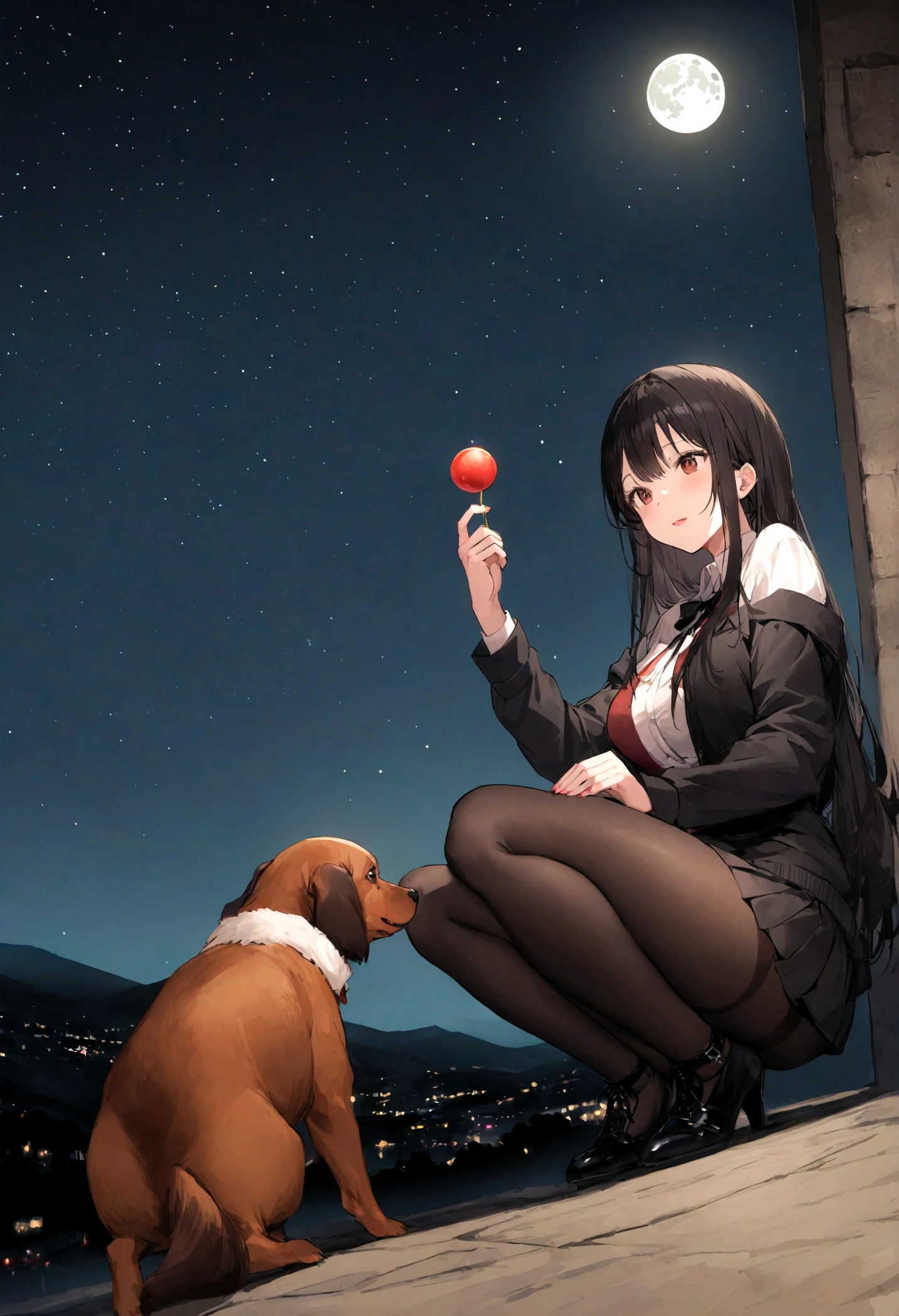 Dog 1、Woman 1、Red miniature dachshund、Red miniature dachshund long hair、dog'color is red、woman with very long black hair、Busty women、Spectacular views、Night Scene、The view from the top of the hill、Full moon night sky、swirling starry sky、8K、Best Quality、詳しいdogの顔、The woman is facing the opposite direction、Ria、I can't see a woman's face、The whole body is in the photo、Like the night view of Tokyo、The woman is wearing a miniskirt and her underwear is visible.、Pantyhose legs、Female squatting