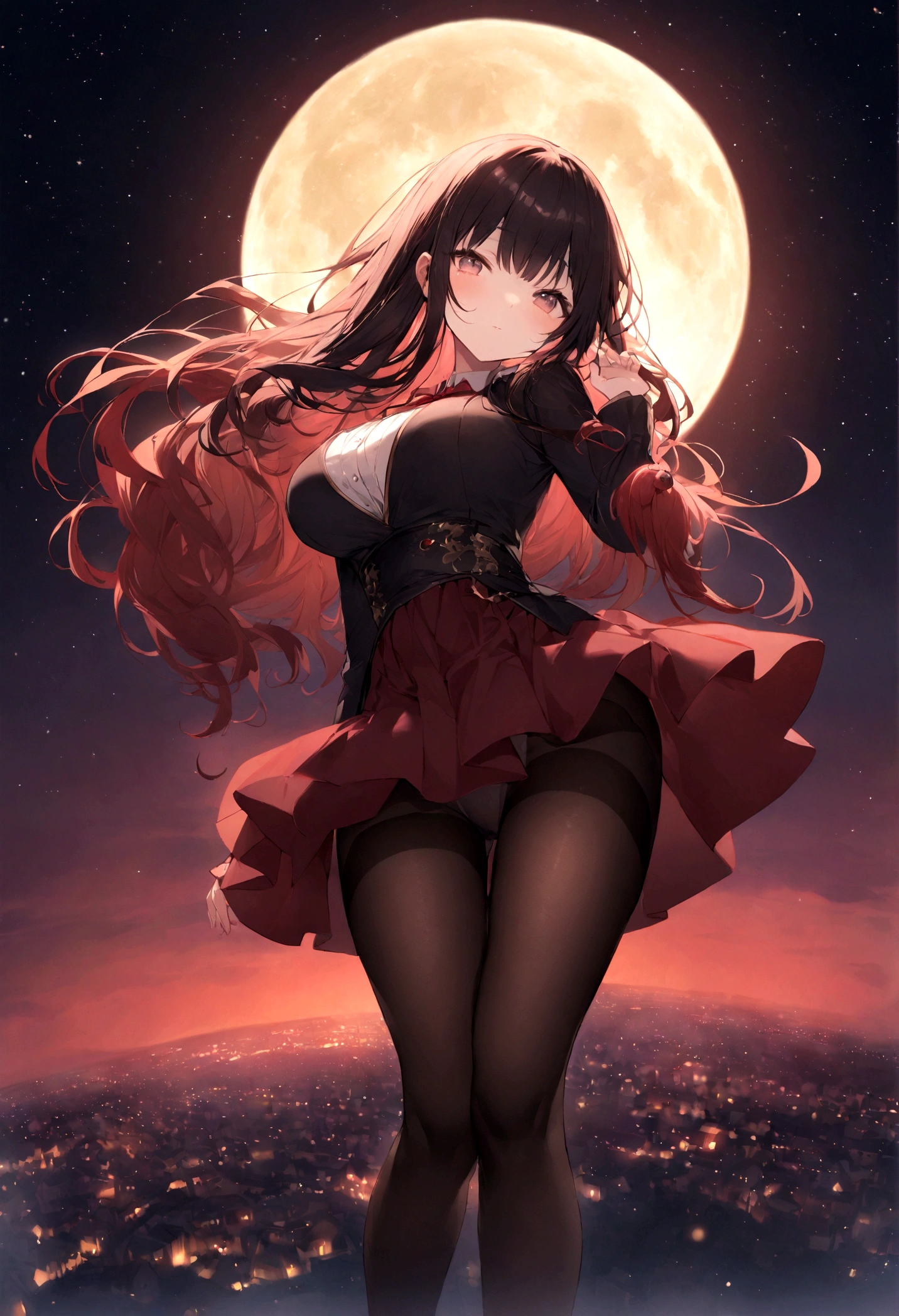 Dog 1、Woman 1、Red miniature dachshund、Red miniature dachshund long hair、dog'color is red、woman with very long black hair、Busty women、Spectacular views、Night Scene、The view from the top of the hill、Full moon night sky、swirling starry sky、8K、Best Quality、詳しいdogの顔、The woman is facing the opposite direction、Ria、I can't see a woman's face、The whole body is in the photo、Like the night view of Tokyo、The woman is wearing a miniskirt and her underwear is visible.、Pantyhose legs