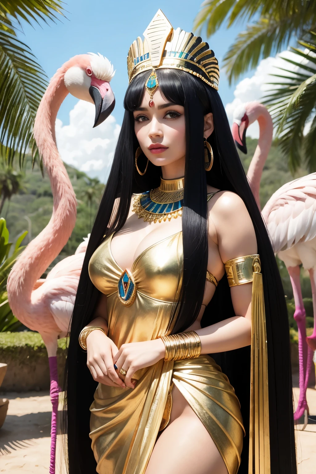 1 mulher, rosto, vestido de cleopatra, Pharaoh, flamingo,  beija flor, sentada trono,   , vestido dourado,Egyptian headdress, roupa egipcia, embraced like a flamingo animal, ao lado, piramide, flamingos em volta, olhar sedutor, mulher seria, beija-flor animal em volta, implacavel, guerreira, rosto brava