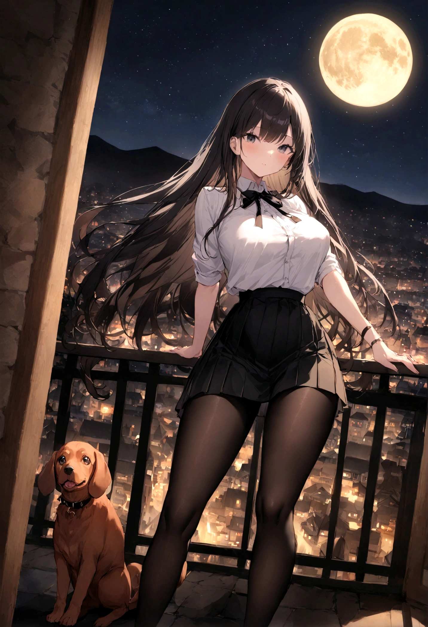 Dog 1、Woman 1、Red miniature dachshund、Red miniature dachshund long hair、dog'color is red、woman with very long black hair、Busty women、Spectacular views、Night Scene、The view from the top of the hill、Full moon night sky、swirling starry sky、8K、Best Quality、詳しいdogの顔、The woman is facing the opposite direction、Ria、I can't see a woman's face、The whole body is in the photo、Like the night view of Tokyo、The woman is wearing a miniskirt and her underwear is visible.、Pantyhose legs