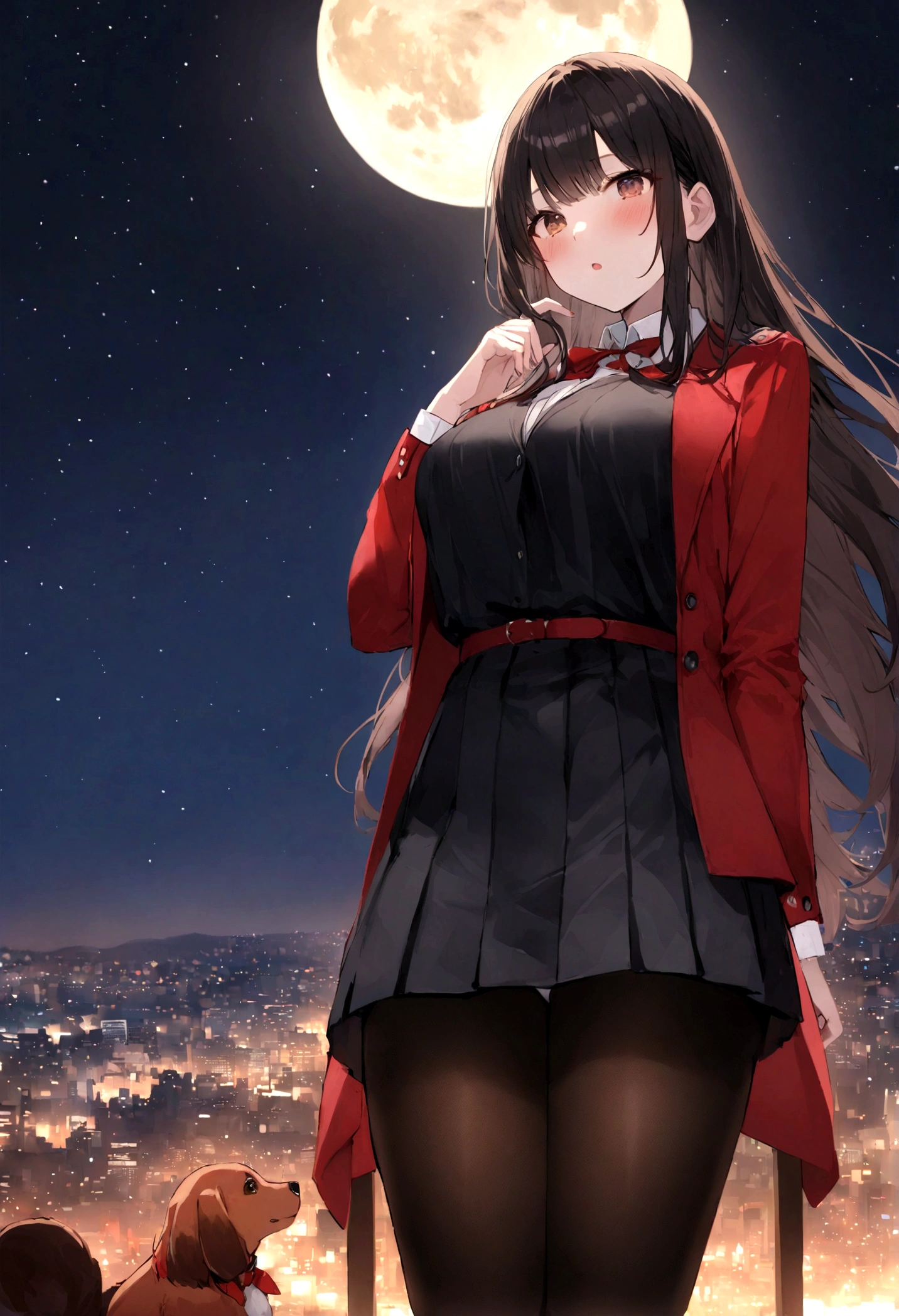 Dog 1、Woman 1、Red miniature dachshund、Red miniature dachshund long hair、dog&#39;color is red、woman with very long black hair、Busty women、Spectacular views、Night Scene、The view from the top of the hill、Full moon night sky、swirling starry sky、８K、Best Quality、詳しいdogの顔、The woman is facing the opposite direction、Ria、I can't see a woman's face、The whole body is in the photo、Like the night view of Tokyo、The woman is wearing a miniskirt and her underwear is visible.、Pantyhose legs