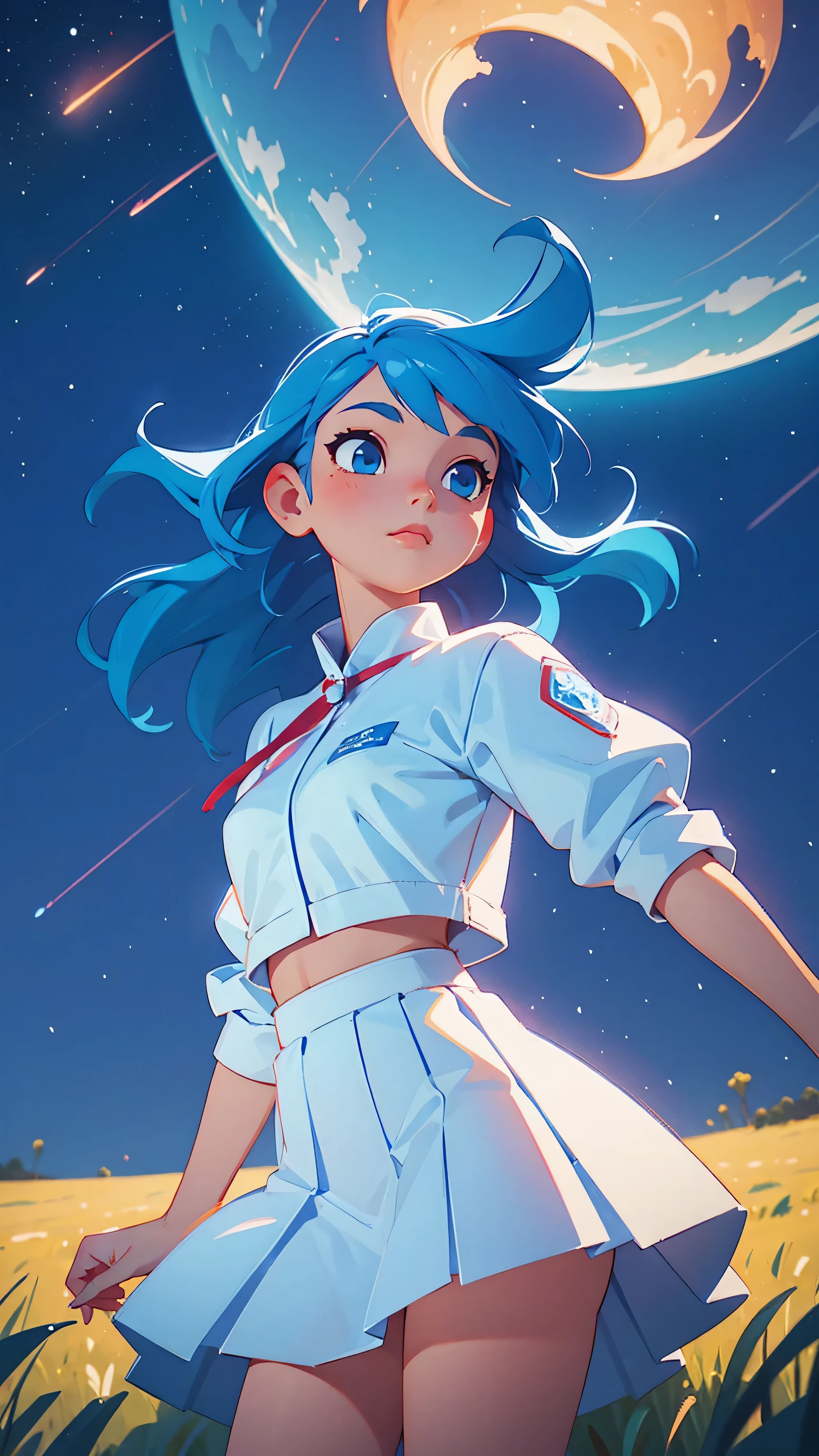 a beautiful girl, blue hair, wearing a light white outfit and a red skirt, positioned in an open field, night, detailed starry sky, wonderful art, vibrant colors, 3D cartoon, masterpiece