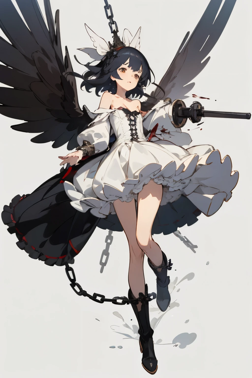 ((best quality)), ((masterpiece)), (detailed), 1girl, off-shoulder, blank white background, plain background, white background, red and white clothing, Bloodborne inspired,  occult aesthetic, occult, detailed and intricate steampunk and detailed gothic, NSFW, Very dramatic and cinematic lighting, cosmic horror, grim-dark, side-lighting, perfect face, NSFW, Fluttering lace flared long knee length dress with frilly petticoats, knee length dress, pleated petticoats, lolita dress, petticoats gothic lolita, complex lace boots, side-lighting, gothic lolita aesthetic, wielding a mighty sword with mechanical components, carbine, NSFW, various types of insect wings, beautiful small breasts, small breasts, full body, whole body, body, plain background, white background, blank background, no background, white background NSFW, chains, full body, whole body, head-to-toe NSFW