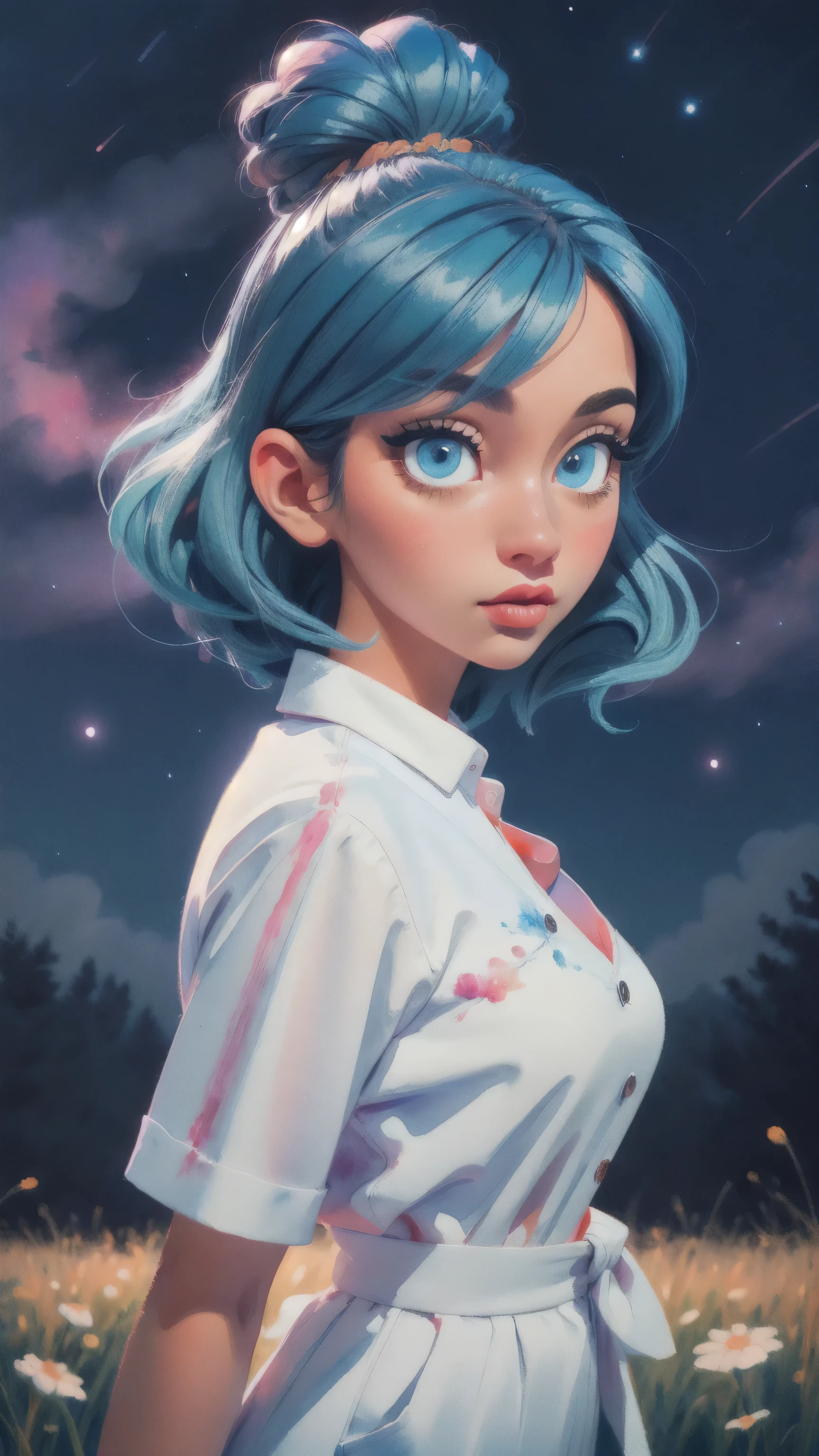 (masterpiece:1.4), (best quality:1.4), A beautiful girl with blue hair, with big blue eyes, wearing a light white outfit and a red skirt, lips, makeup, side angle, positioned in an open field, depth of field, 3d animated cartoon, vibrant, colorful, Watercolor, Ink, (best quality,4k,8k,highres,masterpiece:1.2),ultra-detailed,extremely detailed eyes and face, long eyelashes, vivid colors, detailed background, detailed face, (night theme:1.1), (style-swirlmagic:0.8), night, detailed starry sky, wonderful art, vibrant colors