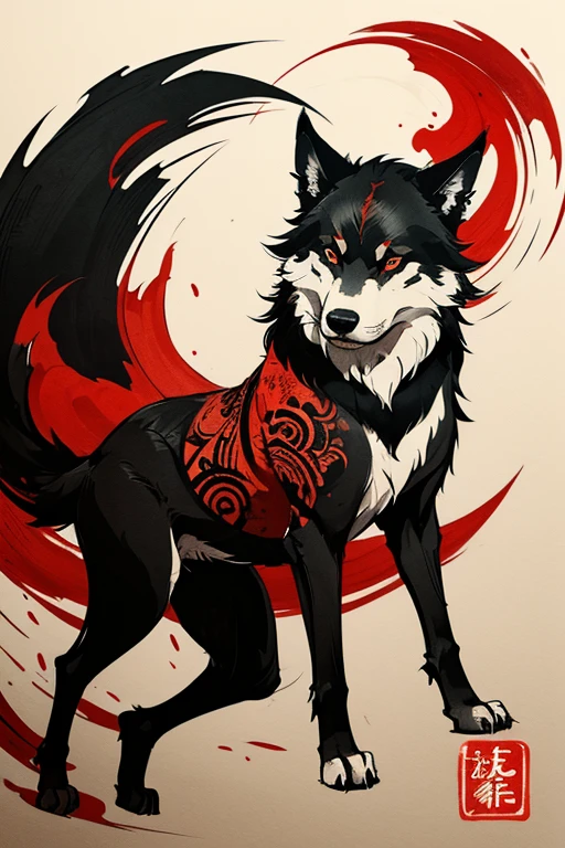 Shuǐmò huà, Ink Painting, black and red ink, a wolf in chinese style, ink art by MSchiffer, whimsical,  rough sketch, (sketch1.3)