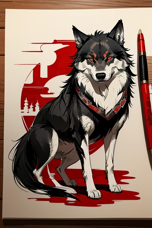 Shuǐmò huà, Ink Painting, black and red ink, a wolf in chinese style, ink art by MSchiffer, whimsical,  rough sketch, (sketch1.3)