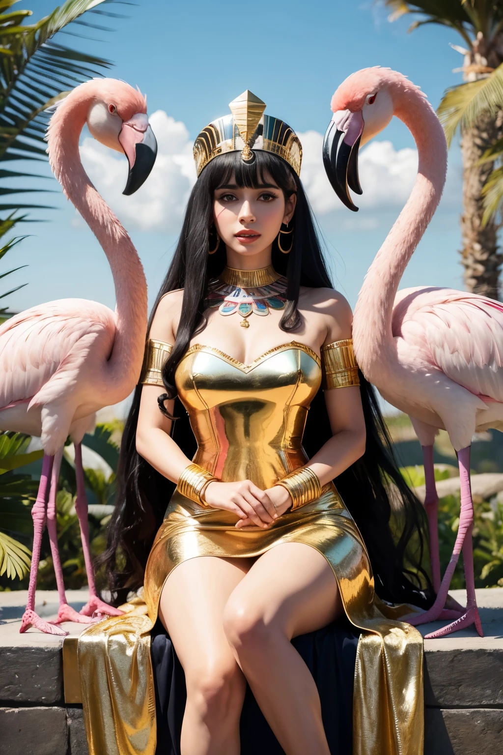 1 mulher, rosto, vestido de cleopatra, Pharaoh, flamingo,  beija flor, sentada trono,   , vestido dourado,Egyptian headdress, roupa egipcia, embraced like a flamingo animal, ao lado, piramide, flamingos em volta, olhar sedutor, mulher seria, beija-flor animal em volta, implacavel, guerreira, rosto brava