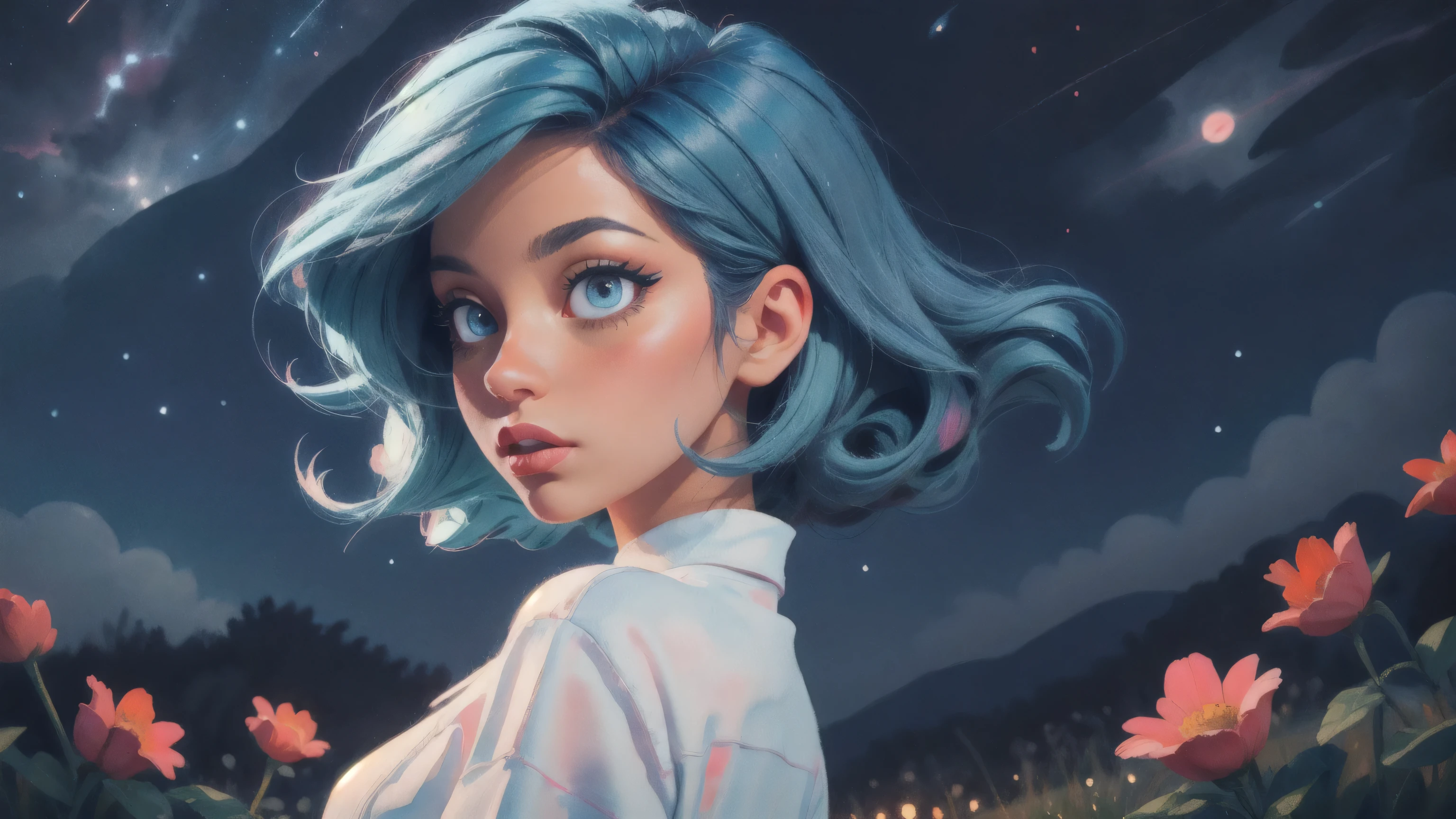 (masterpiece:1.4), (best quality:1.4), A beautiful girl with blue hair, with big blue eyes, wearing a light white outfit and a red skirt, lips, makeup, side angle, positioned in an open field, depth of field, 3d animated cartoon, vibrant, colorful, Watercolor, Ink, (best quality,4k,8k,highres,masterpiece:1.2),ultra-detailed,extremely detailed eyes and face, long eyelashes, vivid colors, detailed background, detailed face, (night theme:1.1), (style-swirlmagic:0.8), night, detailed starry sky, wonderful art, vibrant colors