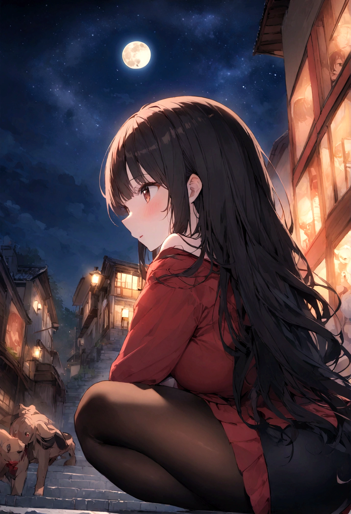 Dog 1、Woman 1、Red miniature dachshund、Red miniature dachshund long hair、dog&#39;color is red、woman with very long black hair、Busty women、Spectacular views、Night Scene、The view from the top of the hill、Full moon night sky、swirling starry sky、８K、Best Quality、詳しいdogの顔、The woman is facing the opposite direction、Ria、I can't see a woman's face、The whole body is in the photo、Like the night view of Tokyo、The woman is wearing a miniskirt and her underwear is visible.、Pantyhose legs、Female squatting