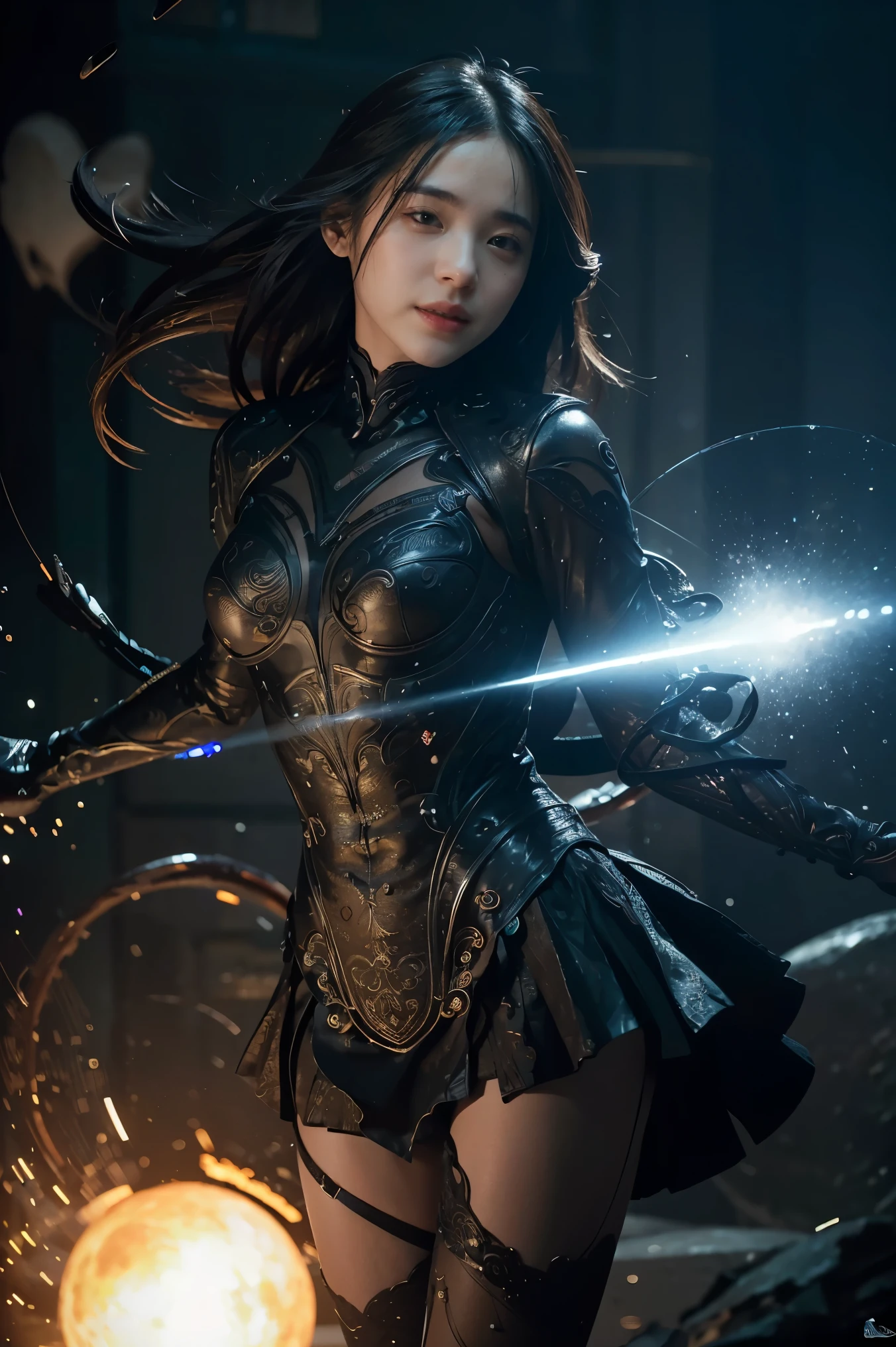 ((masterpiece, best quality)), ultra detailed 8k, photorealistic, sharp focus, highly detailed, professional lighting , shadowmancer, photo of a woman, ink particle, ((swirling black ink floating around)), futuristic fantasy, futuristic black dress, dynamic pose, realistic, masterpiece, intricate details, detailed background, depth of field,