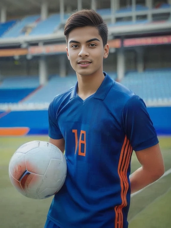 Male soccer player Aarav is holding a soccer ball on the field., Portrait in the middle of a shot, , traditional beauty, Very beautiful Enga style., traditional, Handsome anime boy, Niwan Chandra, According to Thawan Duchanee's style, traditional dress, Wear elegant clothes, Southeast Asia that has existed for a long time, traditional tai costume, Screensaver, Niwan Chandra, Ramil Sunga, Inspired by Jan Asselijn, Mohamed Shahin style, Henry's Ascension, Medium portrait, by เอ็ดดี้ เมนโดซา, Tommy 1 6 years, by
