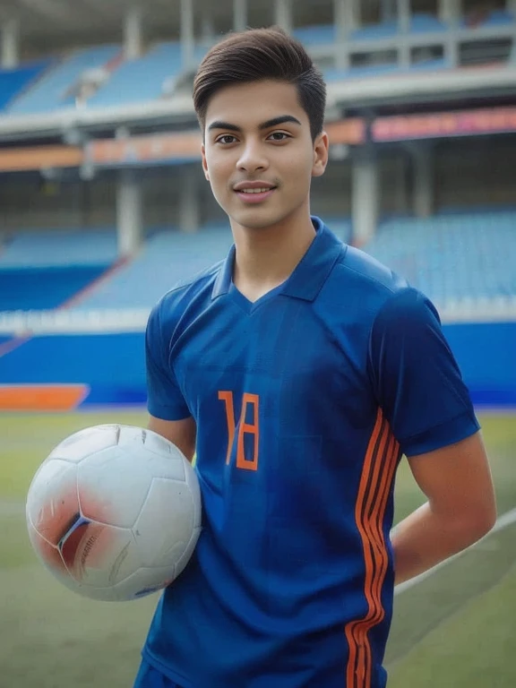 Male soccer player Aarav is holding a soccer ball on the field.,  Portrait in the middle of a shot, , traditional beauty, Very beautiful Enga style., traditional, Handsome anime boy, Niwan Chandra, According to Thawan Duchanee&#39;s style, traditional dress, Wear elegant clothes, Southeast Asia that has existed for a long time, traditional tai costume, Screensaver, Niwan Chandra, Ramil Sunga, Inspired by Jan Asselijn, Mohamed Shahin style, Henry&#39;s Ascension, Medium portrait, by เอ็ดดี้ เมนโดซา, Tommy 1 6 years, by 