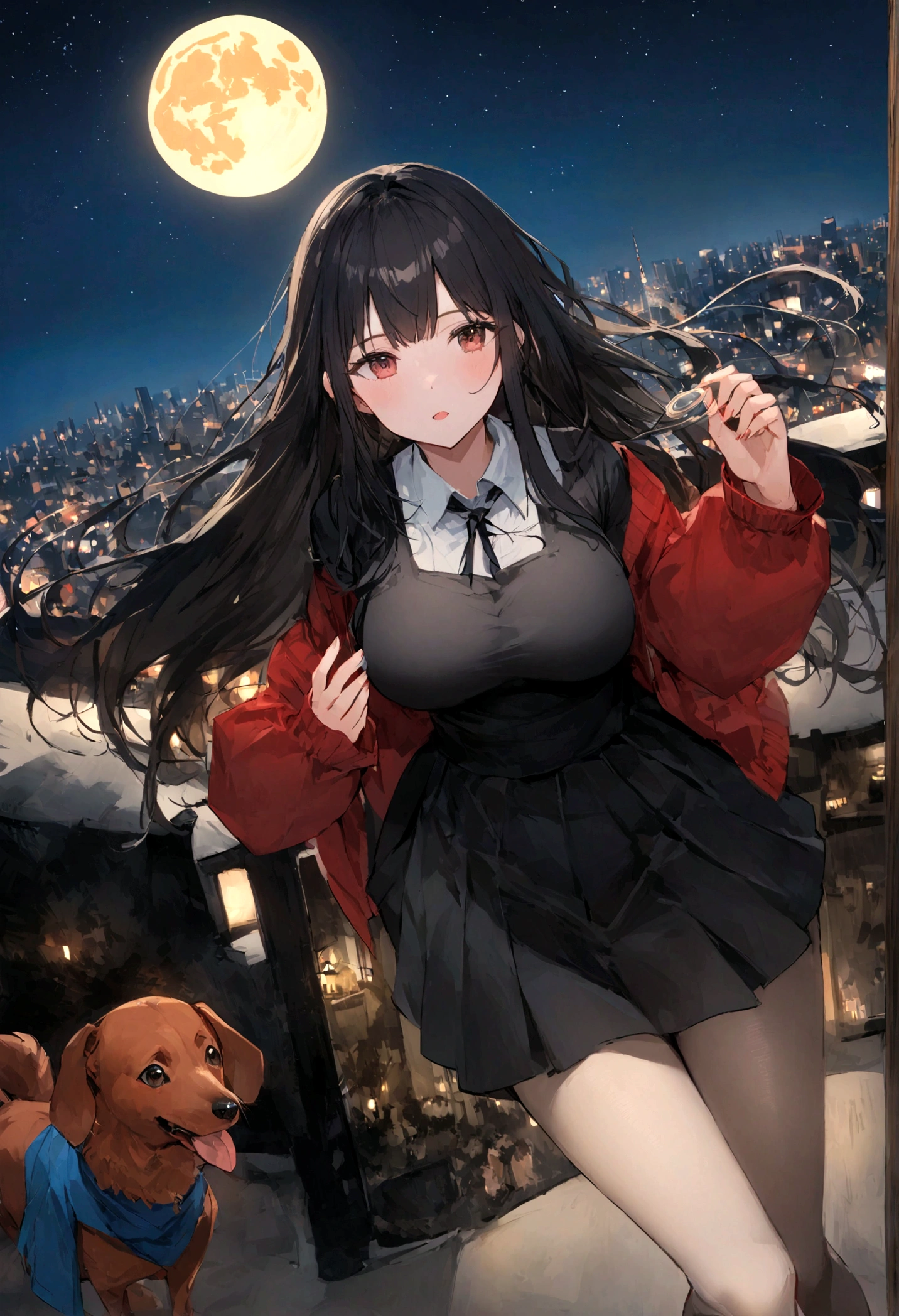 Dog 1、Woman 1、Red miniature dachshund、Red miniature dachshund long hair、dog&#39;color is red、woman with very long black hair、Busty women、Spectacular views、Night Scene、The view from the top of the hill、Full moon night sky、swirling starry sky、８K、Best Quality、詳しいdogの顔、The woman is facing the opposite direction、Ria、I can't see a woman's face、The whole body is in the photo、Like the night view of Tokyo、The woman is wearing a miniskirt and her underwear is visible.、Pantyhose legs
