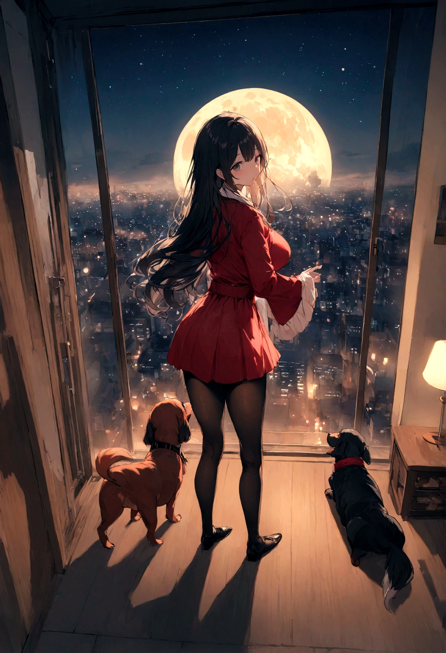 Dog 1、Woman 1、Red miniature dachshund、Red miniature dachshund long hair、dog'color is red、woman with very long black hair、Busty women、Spectacular views、Night Scene、The view from the top of the hill、Full moon night sky、swirling starry sky、8K、Best Quality、詳しいdogの顔、The woman is facing the opposite direction、Ria、I can't see a woman's face、The whole body is in the photo、Like the night view of Tokyo、The woman is wearing a miniskirt and her underwear is visible.、Pantyhose legs