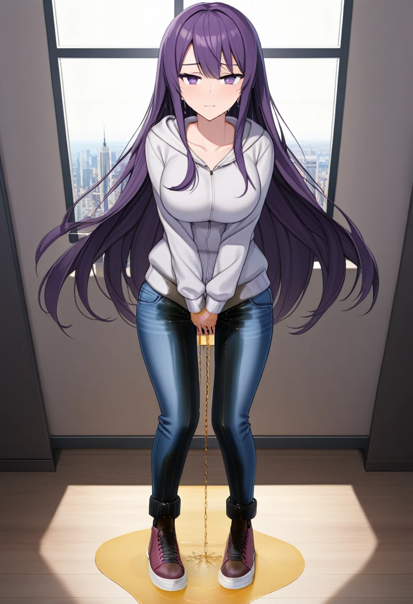 (masterpiece:1.37), best quality, (extremely detailed:1.37), office, window overlooking a bustling cityscape, woman, (mature:1.75), (adult:1.5), (very long hair:1.5), dark purple hair, purple eyes, (extremely detailed eyes:1.37) shining eyes, breasts, hoodie, jeans, (wetting herself:3.0), standing, (desperation:2.5), full body day, daytime, glow, facing viewer, perfect composition, Perfect light and shadow, 8K