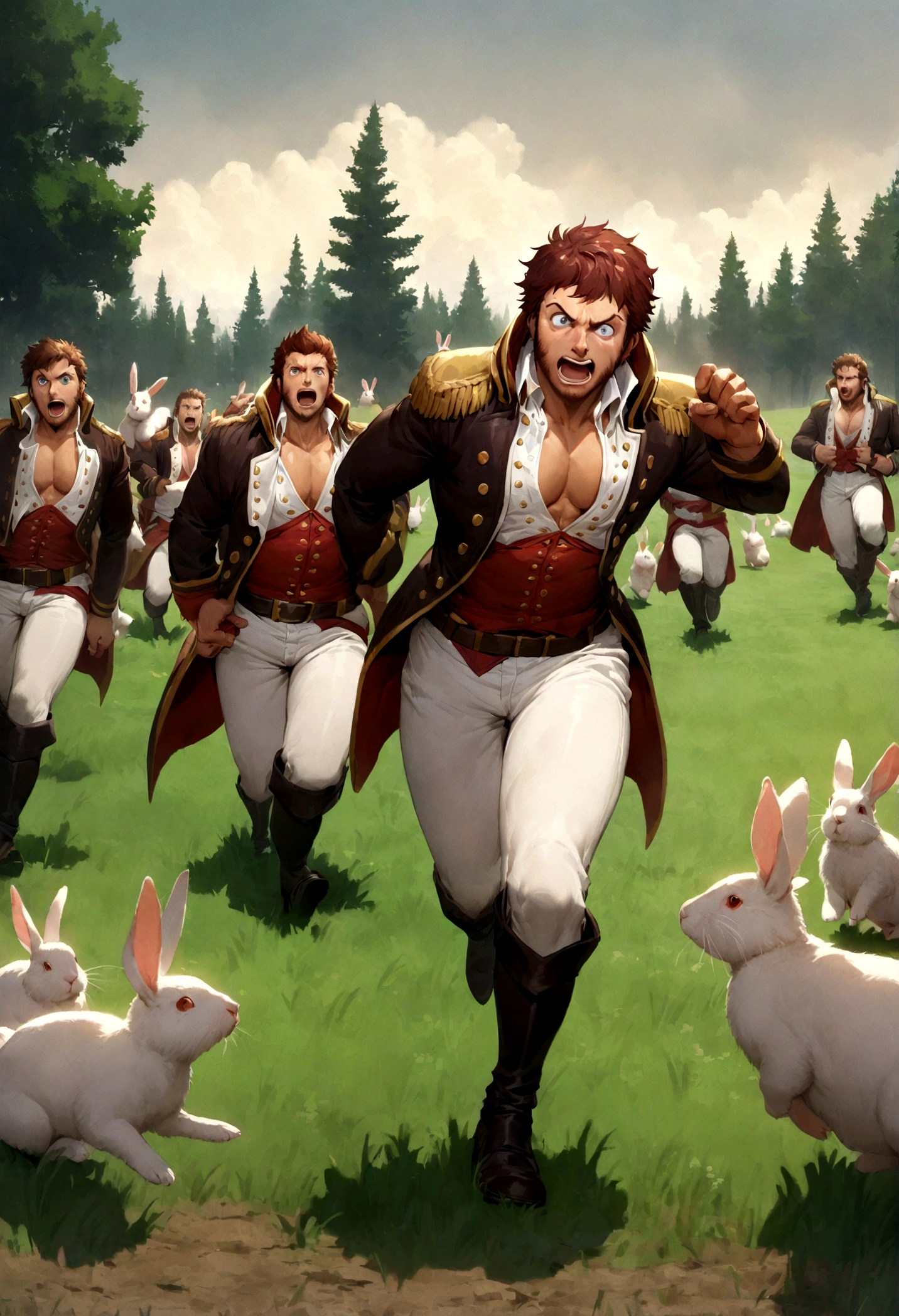 A historical scene where Napoleon Bonaparte, dressed in a military uniform, is being chased by a large group of rabbits in a field. The rabbits look aggressive and Napoleon appears startled and trying to flee. The background shows a green countryside with a few trees.
