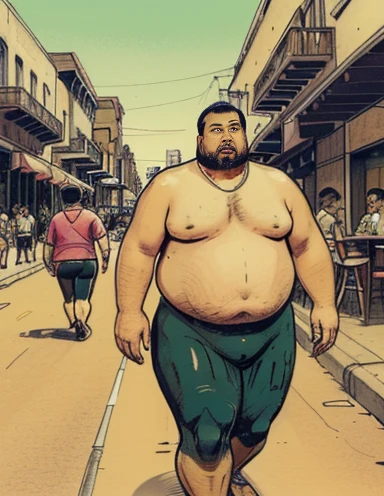 They are walking and talking on the street heading towards a very busy bar, ((( Personagem : Eduardo is plump, chubby, with extremely thick thighs, a large belly, fat, he is 56 years old, He's wearing gray sweatshirt shorts, camiseta preta aberta desabotoada com uma camiseta branca por dentro. He wears a watch, bracelet, lanyard around his neck., He is bearded, full beard, big voluminous beard, wears prescription glasses))). ((( Personagem : Antony is plump, chubby, with extremely thick thighs, a large belly, fat hair and Bara is gray-haired, he wears a floral t-shirt and denim shorts, ele usa pulseiras de couro preta no pulso, watch and Nordic chain around his neck he wears socks and white sneakers with blue details he wears prescription glasses))). Uma Cidade iluminada e cheia de placas de propagandas , (((vemos um bar com algumas pessoas em frente a entrada dele))), ((na fachada do bar tem uma caneca de cerveja feita com neon )), some luxury cars and Porsche are parked near the bar