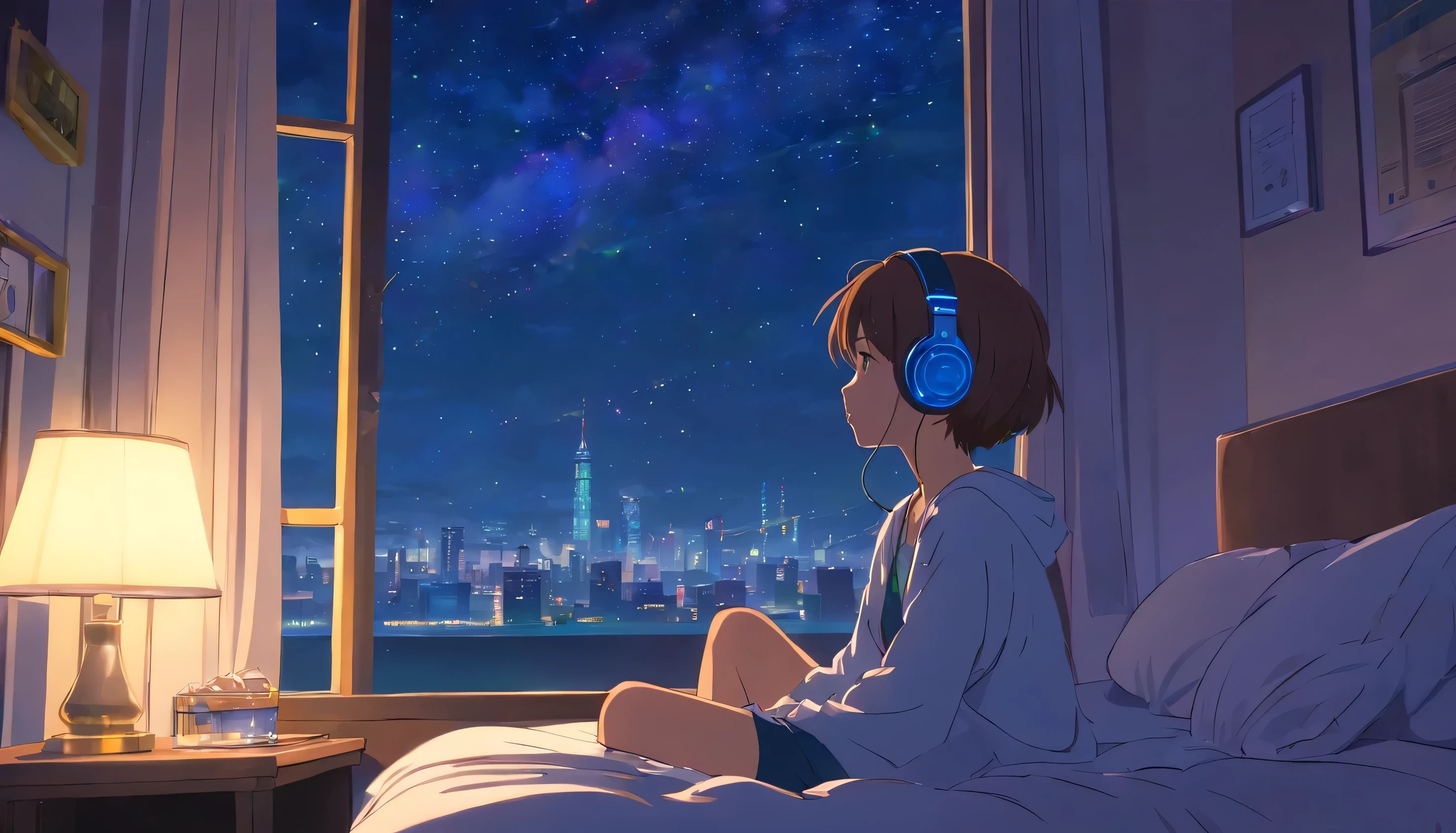 a girl hearing music with headphone in bed window side night many star in sky