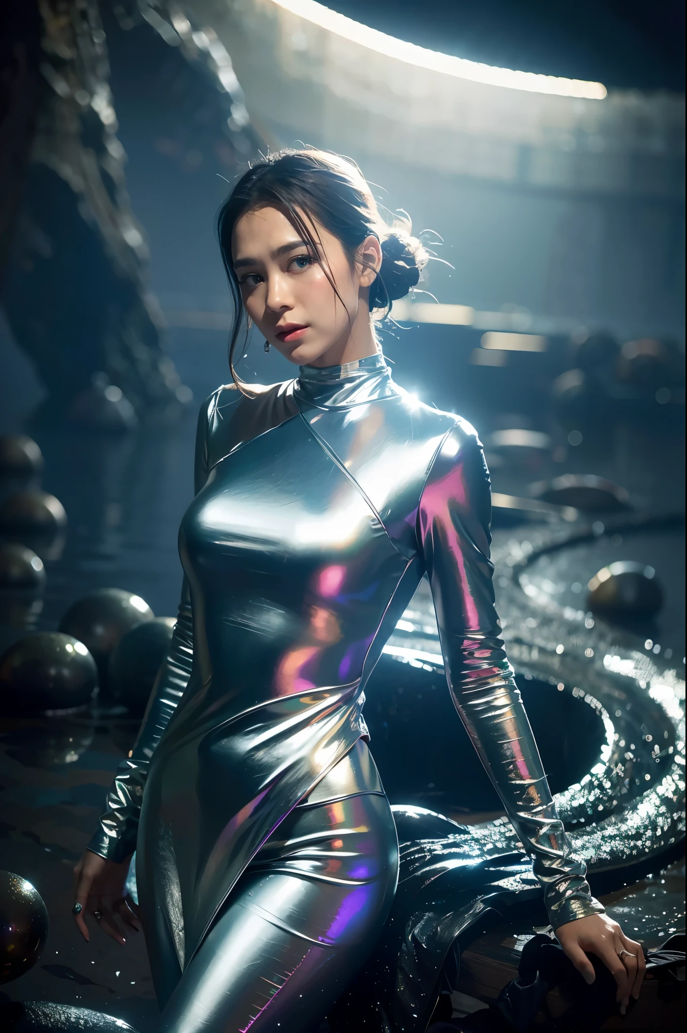 best quality, masterpiece, realistic, 1girl,  metallic dress, messy [updo|hanging] hair, (full body:0.6), solo, (full body:0.6), looking down, detailed background, detailed face, Sc3pt4, sci-fi theme:1.1), mercury-wizard, melancholic, surrounded by waves of iridescent silver, alchemical imagery, reflections, silver-colored fluid, metallic sheen, shiny, dynamic pose, fluid movement, floating particles, droplets of mercury, flowing metal, blending mercury, a foreign planet in the background, dripping mercury formations, volumetric lighting, cinematic atmosphere, sharp details, high detail skin, realistic skin texture, 